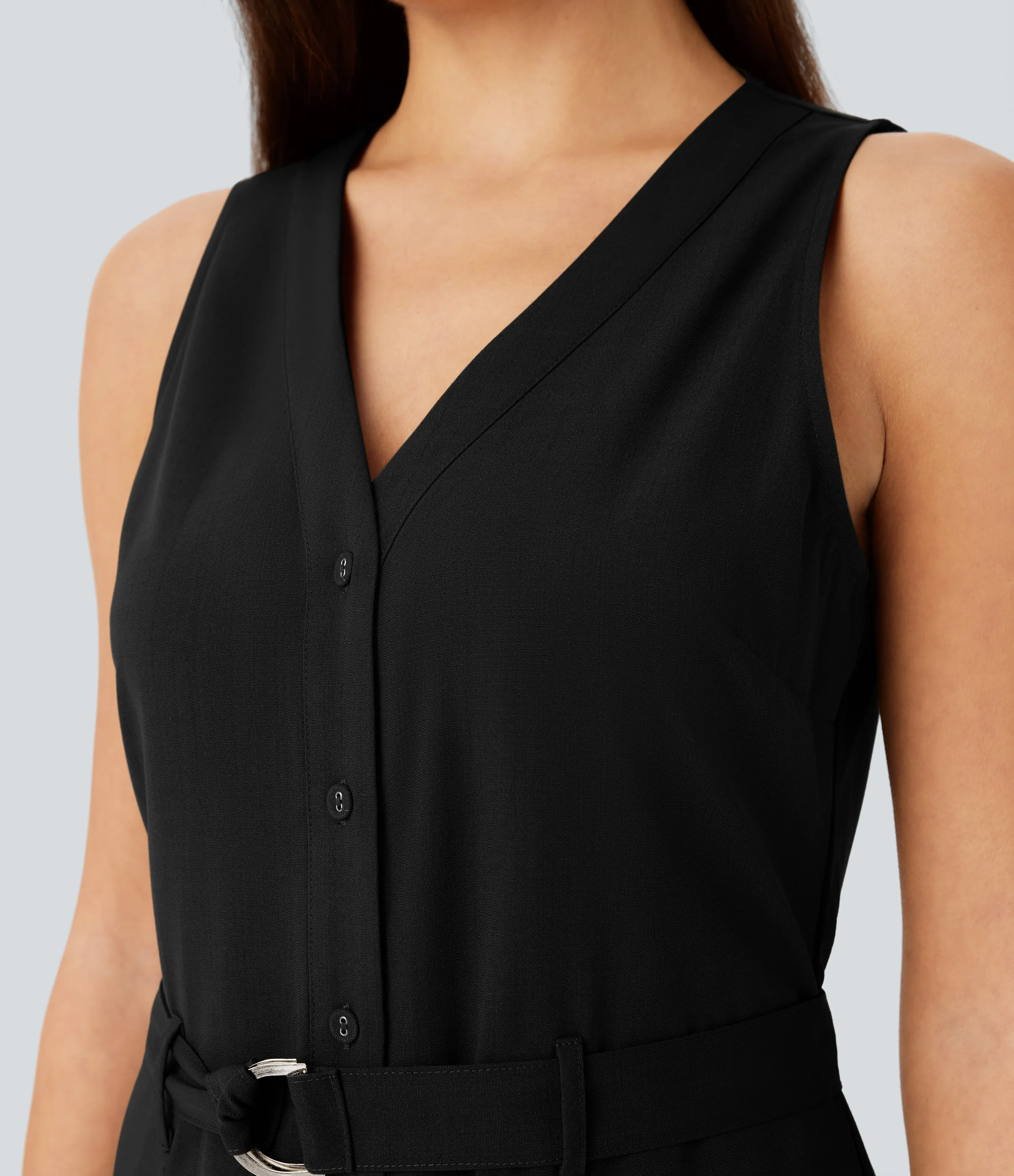 Halara Mono cuello V sin mangas botón cinturón bolsillo lateral - Black - L(regular) sold by Halara product image thumbnail 5