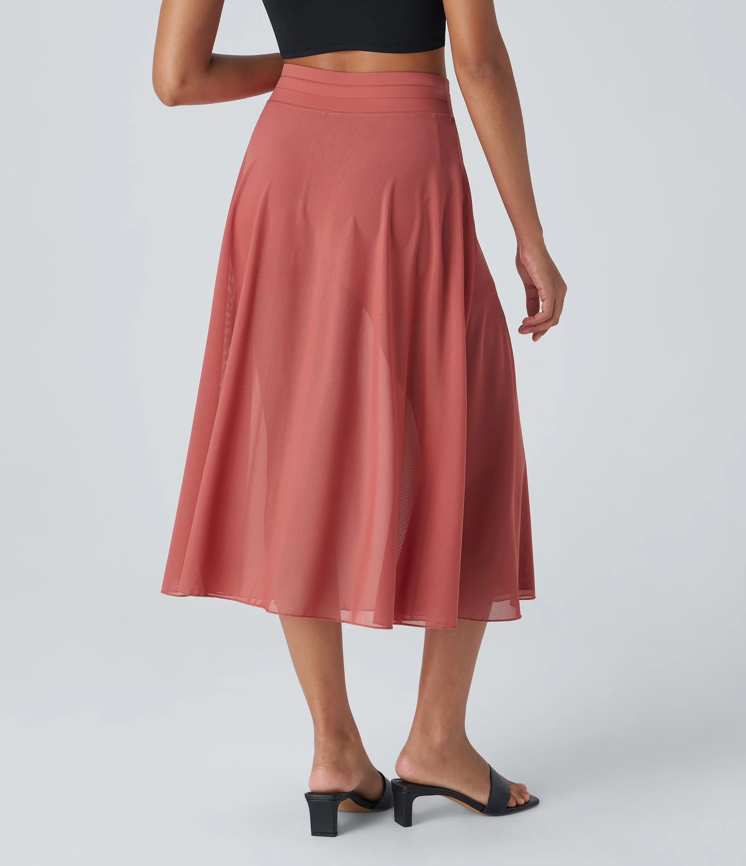 Halara Falda midi casual 2 en 1 acampanada con bolsillo lateral de tiro alto con cordón y malla en contraste - Rouge Dark Red - M sold by Halara product image thumbnail 3