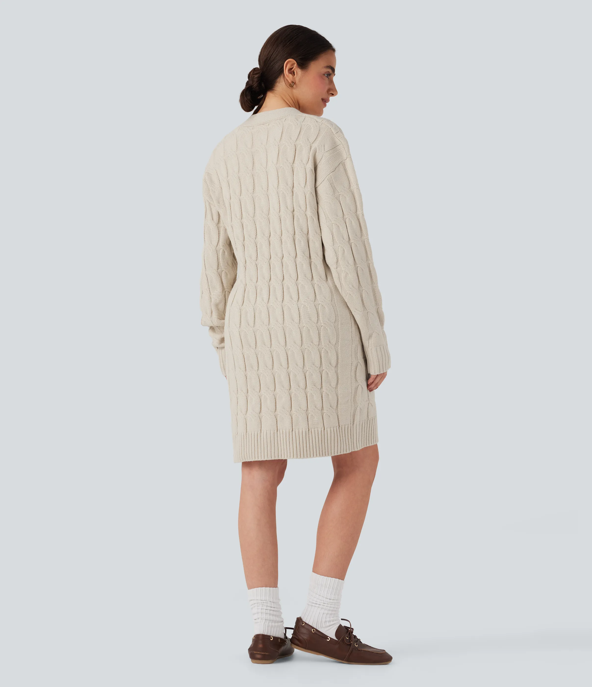 Halara Cárdigan casual de manga larga con cuello en V y bolsillos - Rice Khaki - L sold by Halara product image thumbnail 3