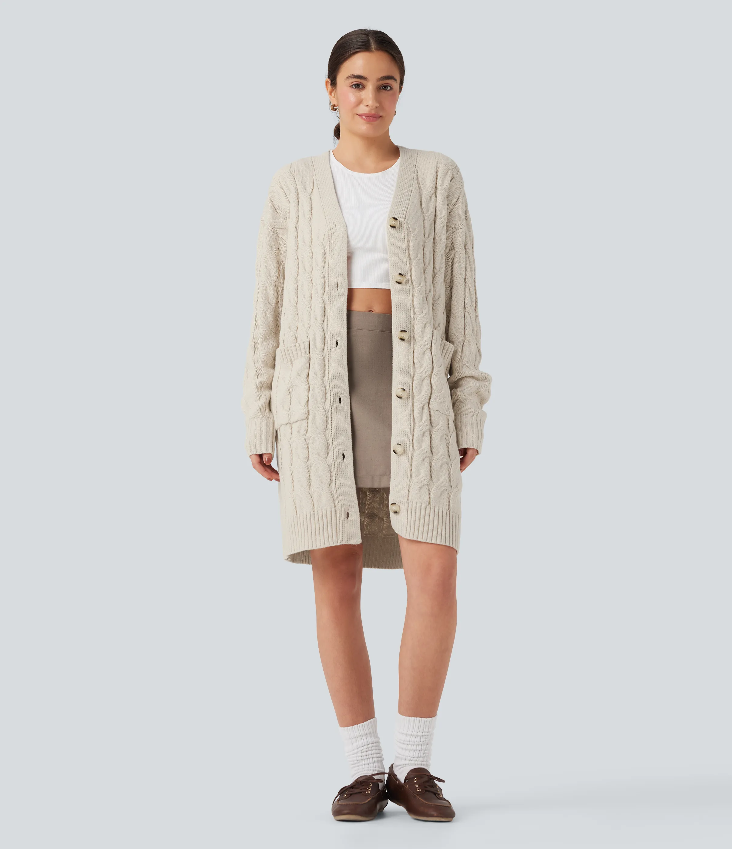 Halara Cárdigan casual de manga larga con cuello en V y bolsillos - Rice Khaki - L sold by Halara product image thumbnail 4