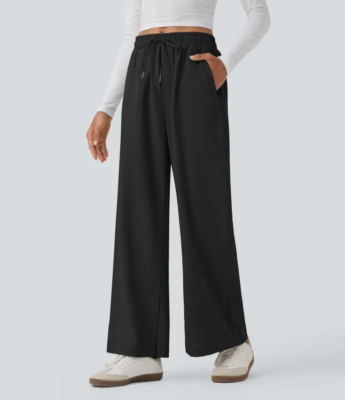 Halara Pantalones casuales anchos de tiro medio con cordón y bolsillos - Black - M(regular) sold by Halara