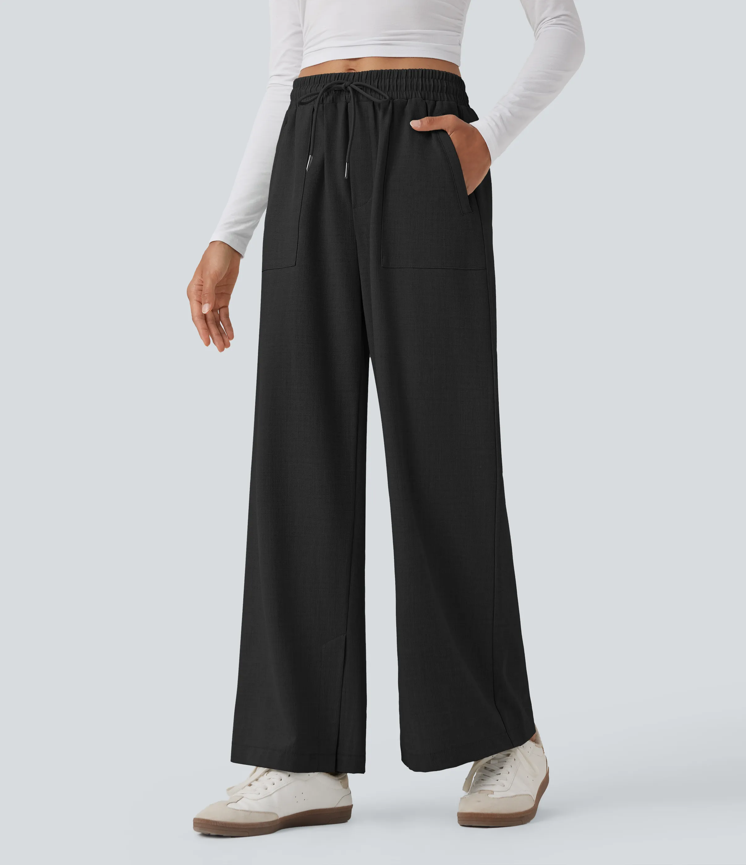 Halara Pantalones casuales anchos de tiro medio con cordón y bolsillos - Black - M(regular) sold by Halara