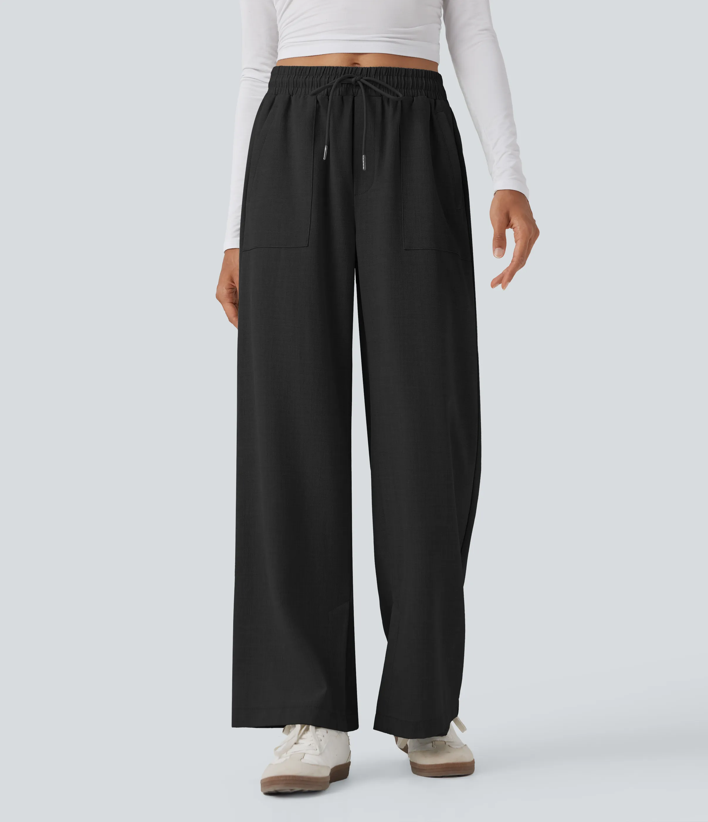 Halara Pantalones casuales anchos de tiro medio con cordón y bolsillos - Black - M(regular) sold by Halara product image thumbnail 4