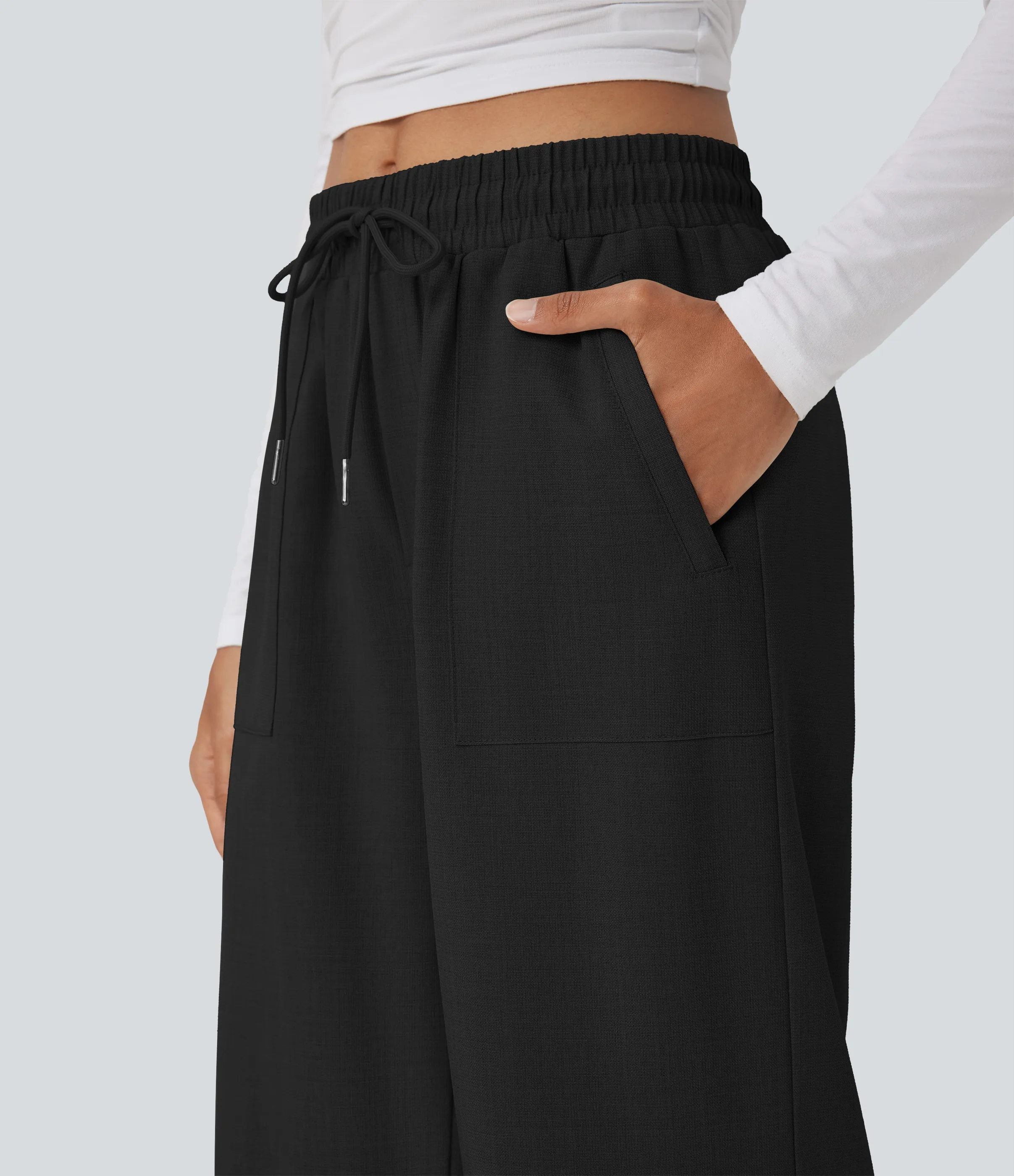 Halara Pantalones casuales anchos de tiro medio con cordón y bolsillos - Black - M(regular) sold by Halara product image thumbnail 5