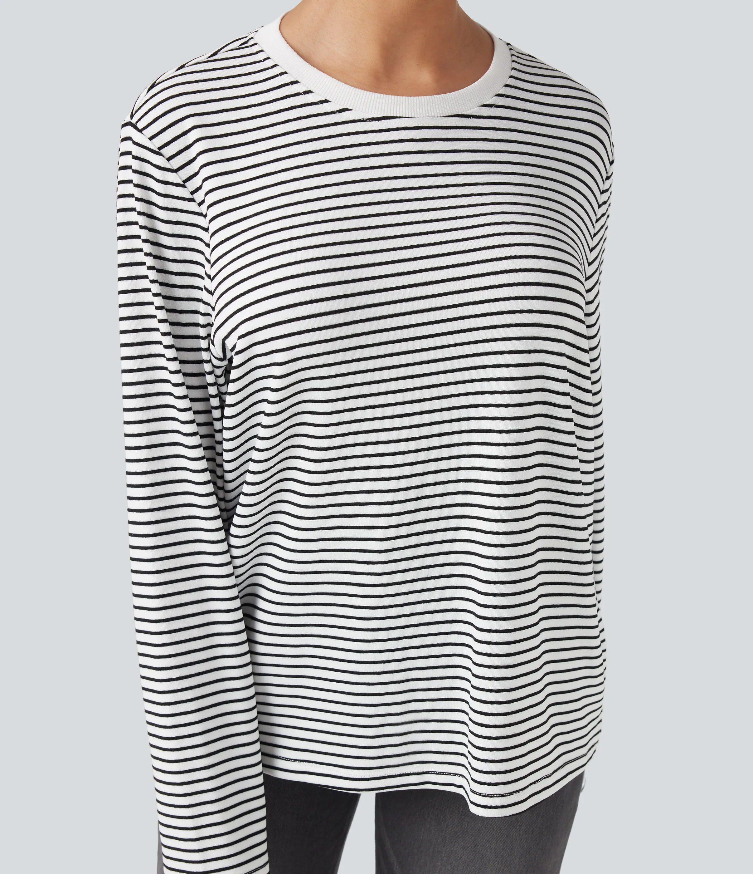 Halara Camiseta casual holgada de rayas con cuello redondo y manga larga - White Black Stripe - S sold by Halara product image thumbnail 5