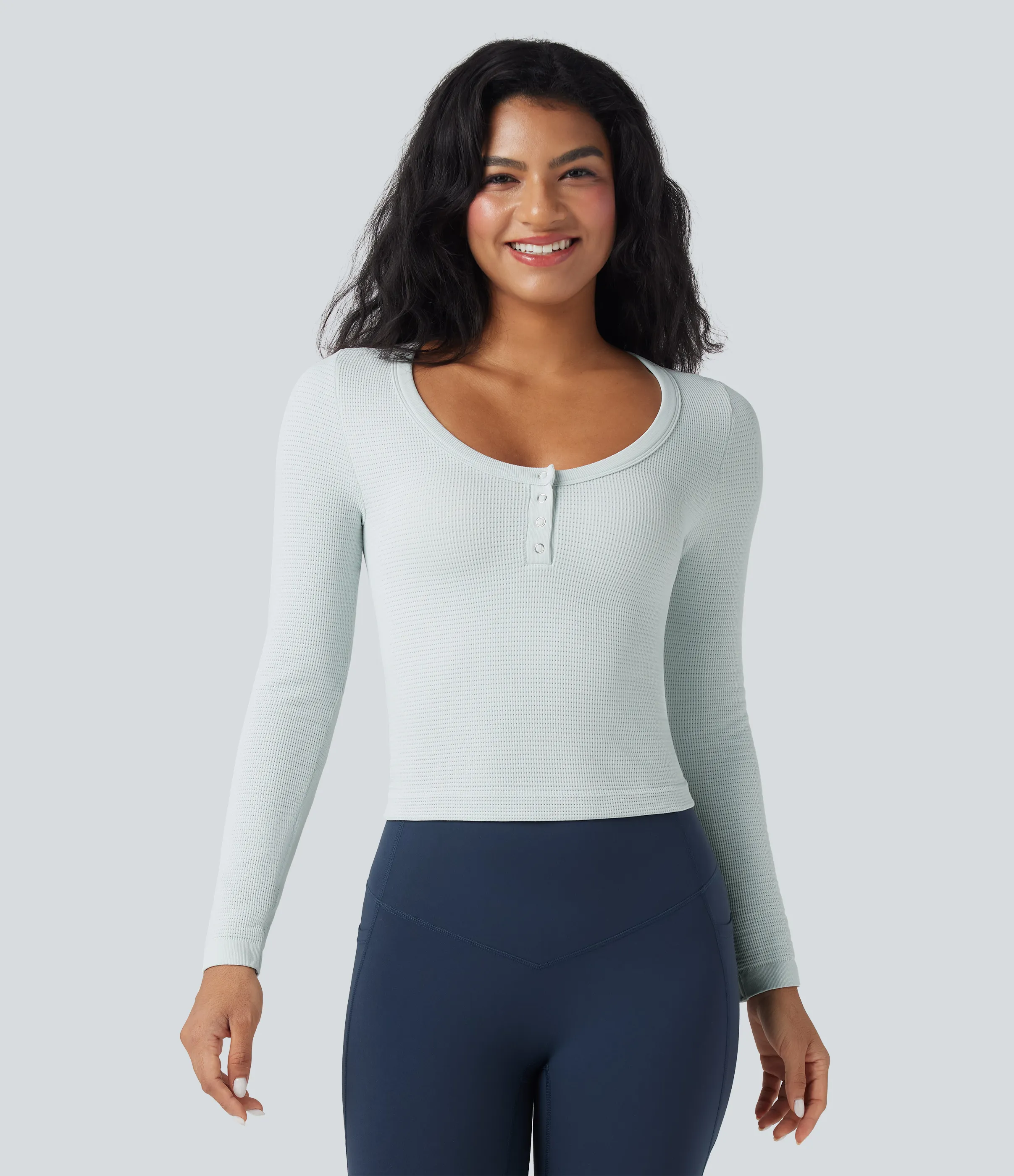 Halara Top deportivo de yoga ajustado de manga larga con diseño henley y diseño waffle sin costuras - Frosty Sky Blue - XL sold by Halara product image thumbnail 5