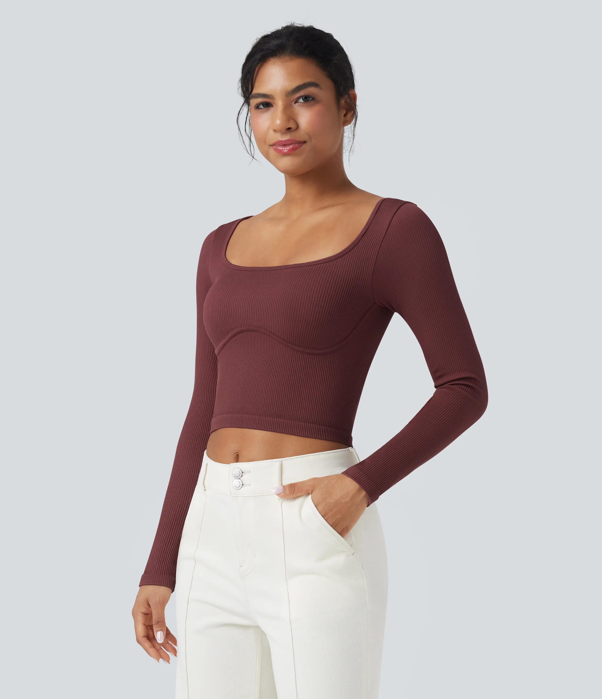 Halara Top deportivo de yoga de manga larga con cuello en U y sin costuras - Port - M sold by Halara product image thumbnail 4