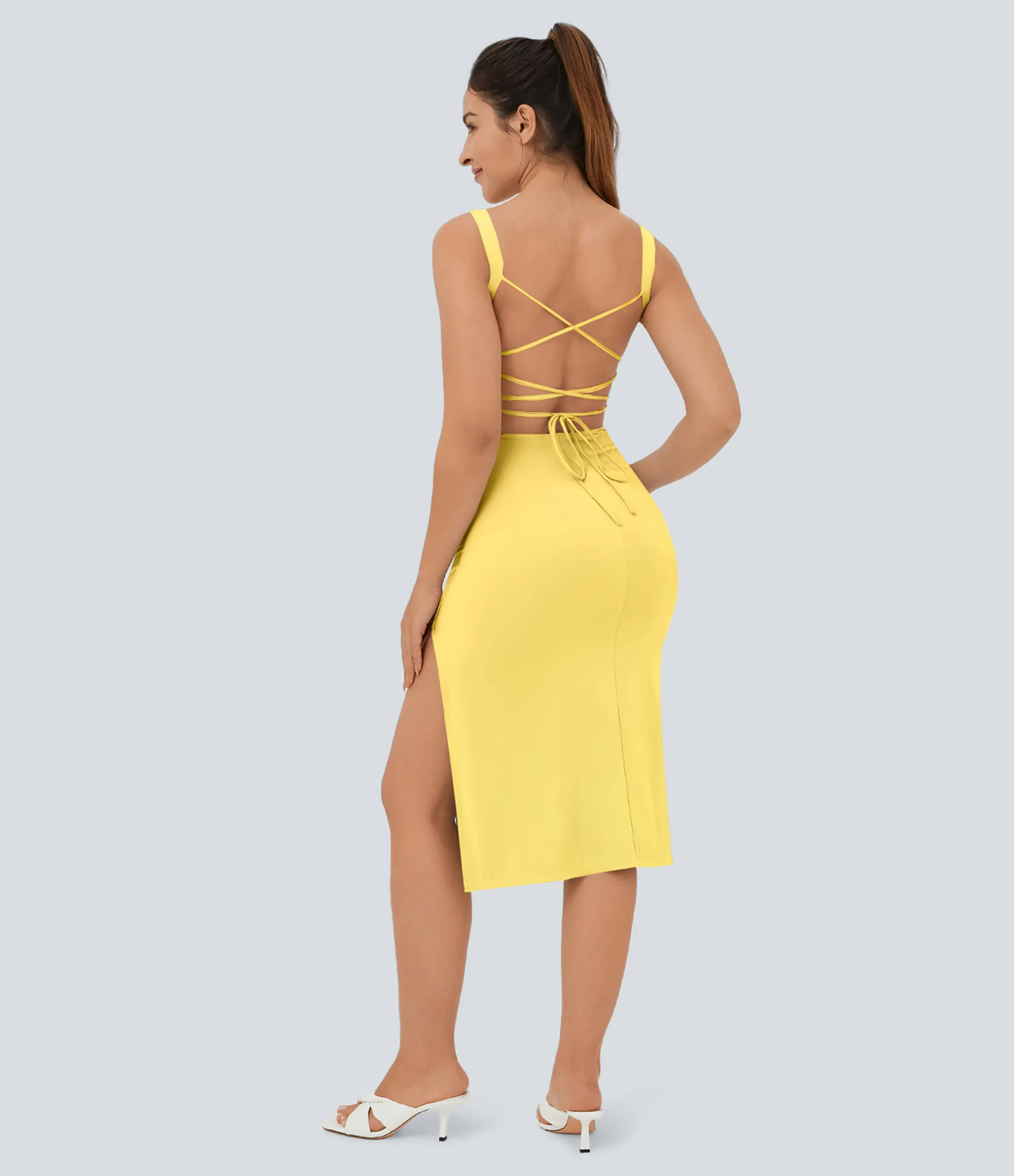 Halara Vestido midi ajustado cordón entrecruzado sin espalda fruncido - Goldfinch - S sold by Halara product image thumbnail 2