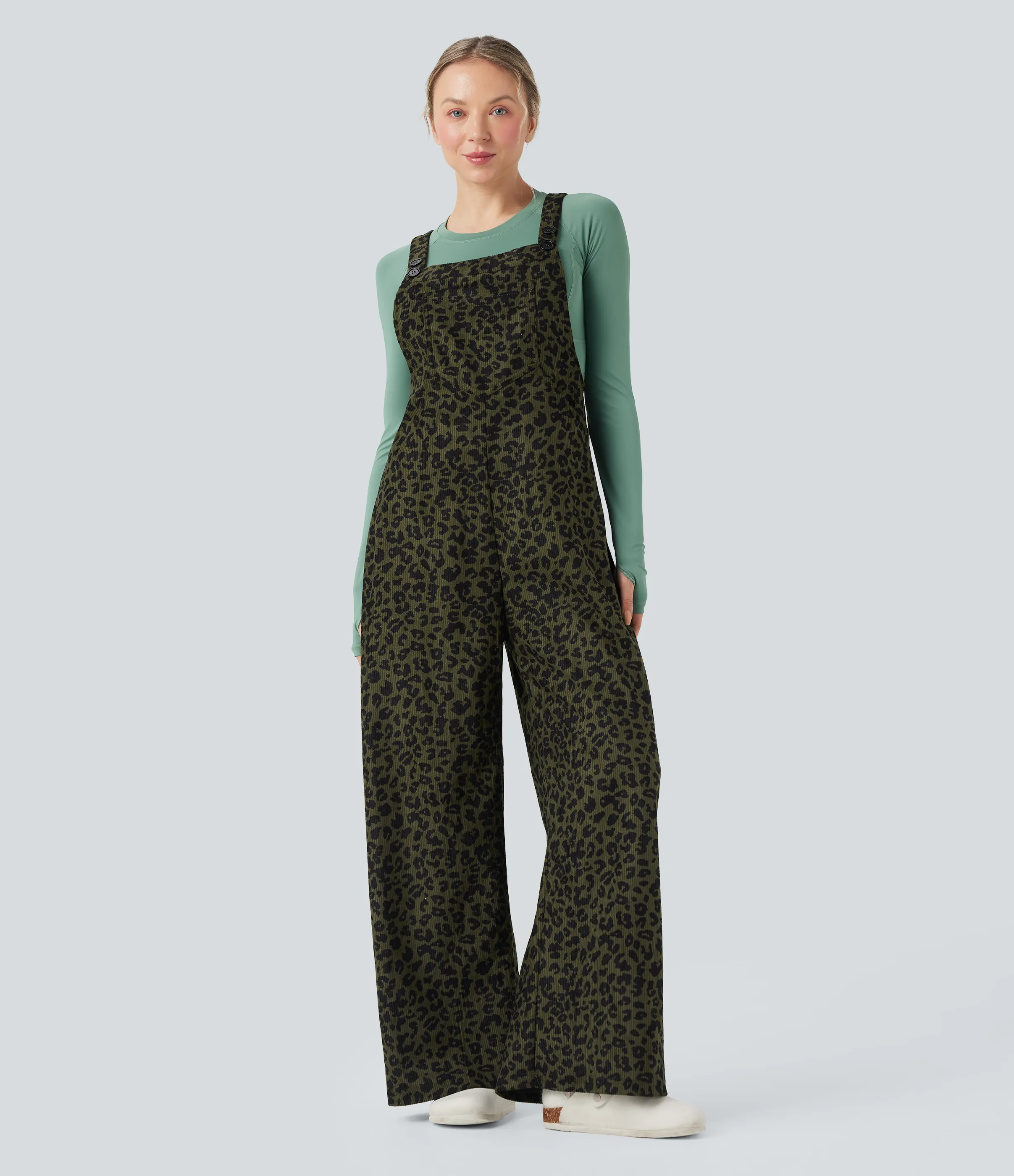Halara Jumpsuit casual holgado de pana con estampado de leopardo y bolsillos - Gray Leopard Denim - S(regular) sold by Halara product image thumbnail 4