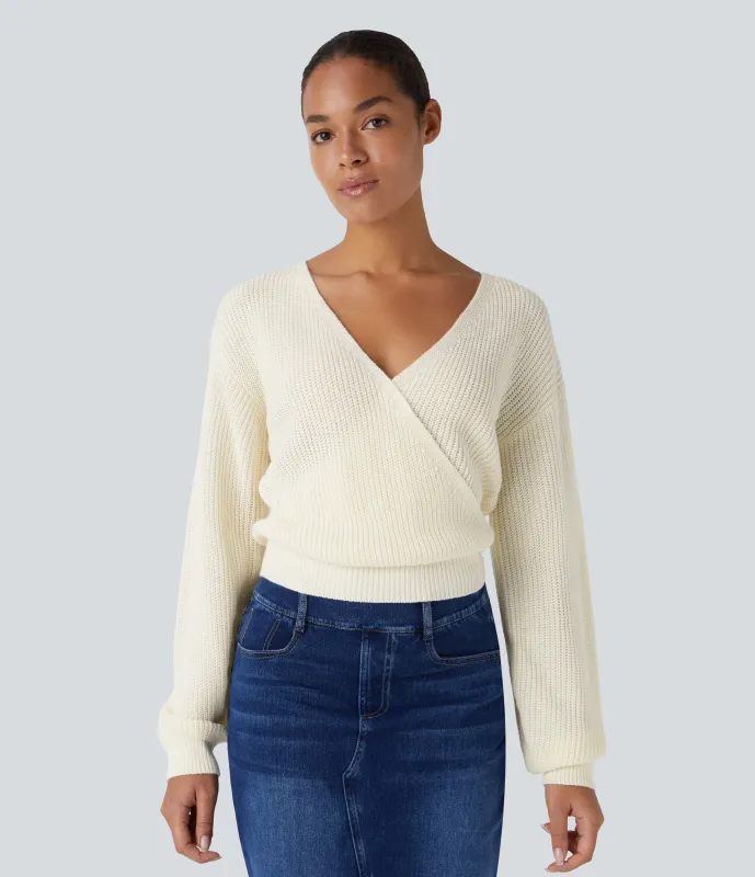 Halara Suéter holgado cuello V hombro caído manga larga - Light Beige - L sold by Halara