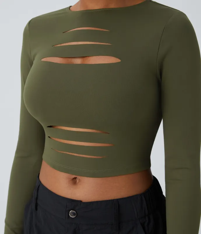 Halara Top ajustado cuello redondo manga larga corte rasgado corte ajustado - Forest Night - XS sold by Halara