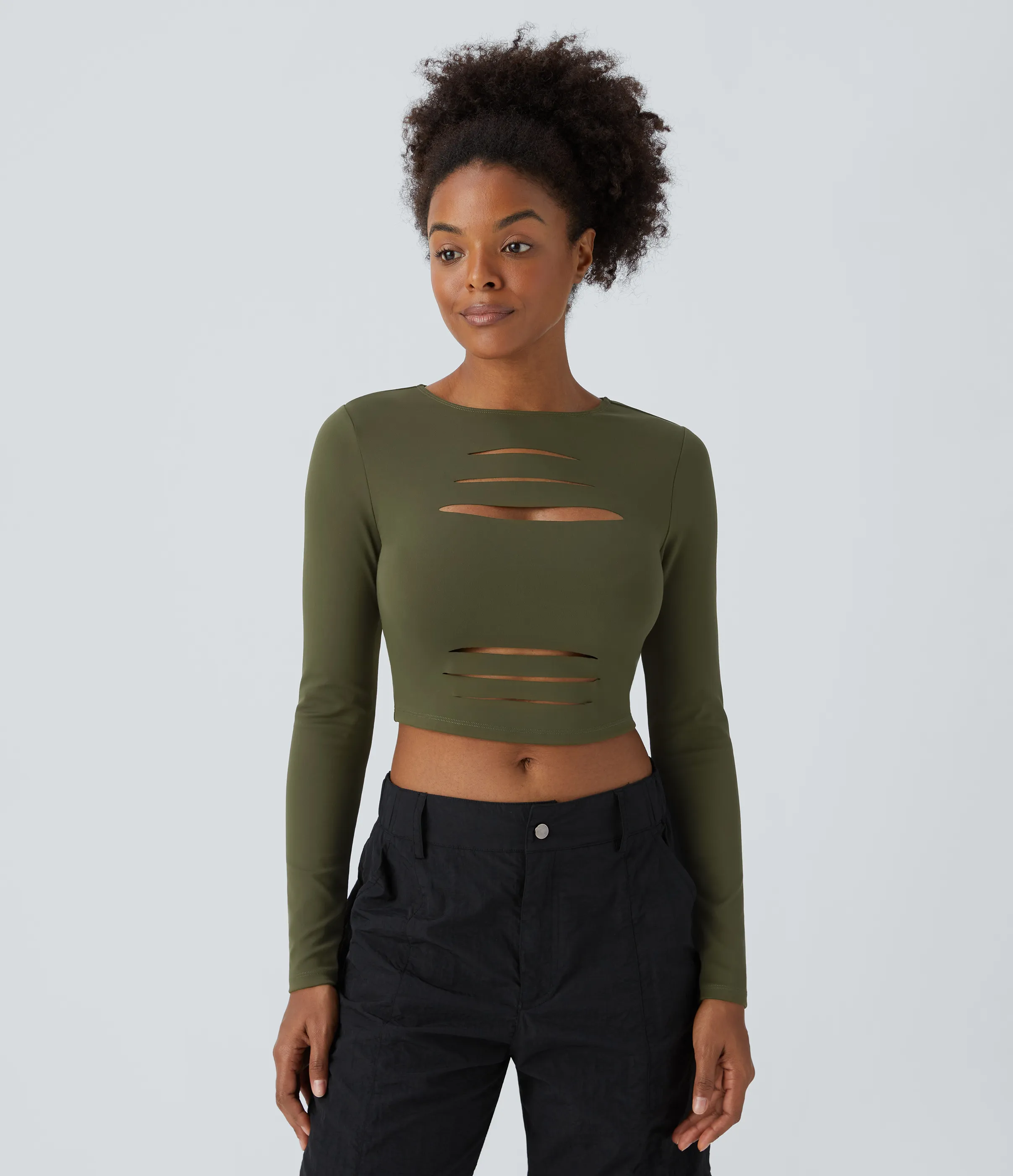 Halara Top ajustado cuello redondo manga larga corte rasgado corte ajustado - Forest Night - XS sold by Halara product image thumbnail 5