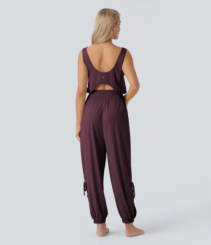 Halara Jumpsuit de yoga sin mangas con espalda descubierta, cordón ajustable y bolsillos laterales de tacto fresco - UPF50+ - Fig - XL(regular) sold by Halara