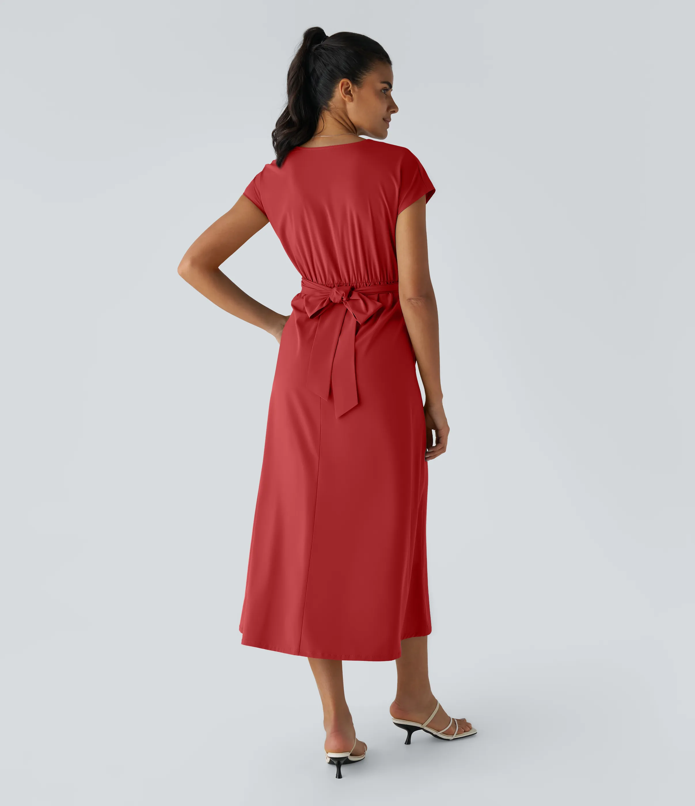 Halara Vestido midi Breezeful™ secado rápido cuello V manga corta bolsillo lateral lazo espalda - Pompeian Red - S sold by Halara product image thumbnail 3