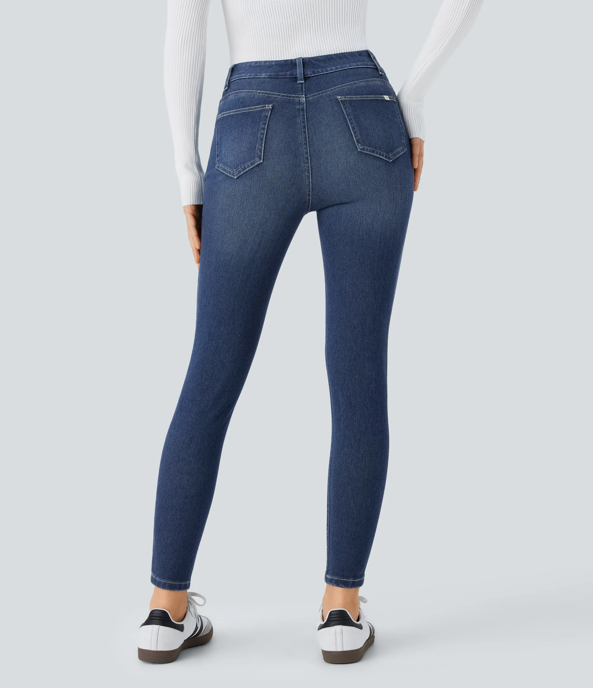Halara Jeans Halara Flex™ Denim ajustado elástico múltiple bolsillo tiro medio - Distressed Denim Dark Blue - L(regular) sold by Halara product image thumbnail 3