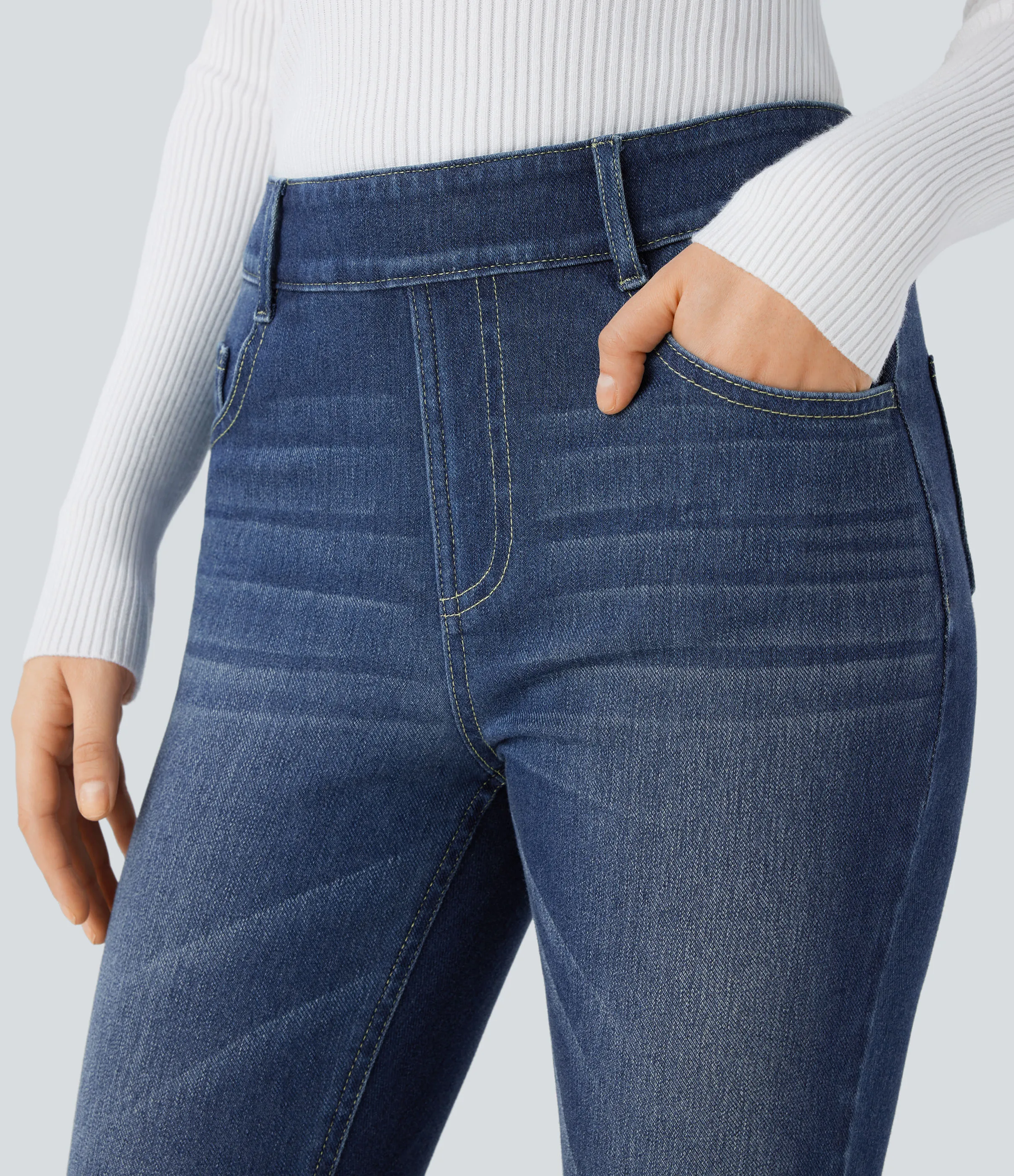 Halara Jeans Halara Flex™ Denim ajustado elástico múltiple bolsillo tiro medio - Distressed Denim Dark Blue - L(regular) sold by Halara product image thumbnail 5