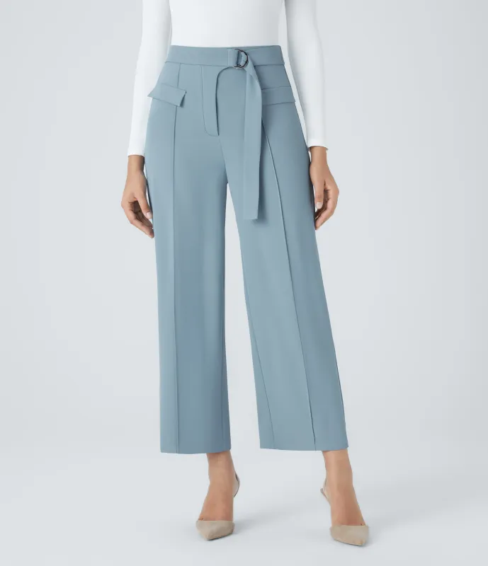 Halara Pantalón oficina tiro alto hebilla anilla D bolsillo falso cinturón pierna recta - Forget-Me-Not - L(regular) sold by Halara