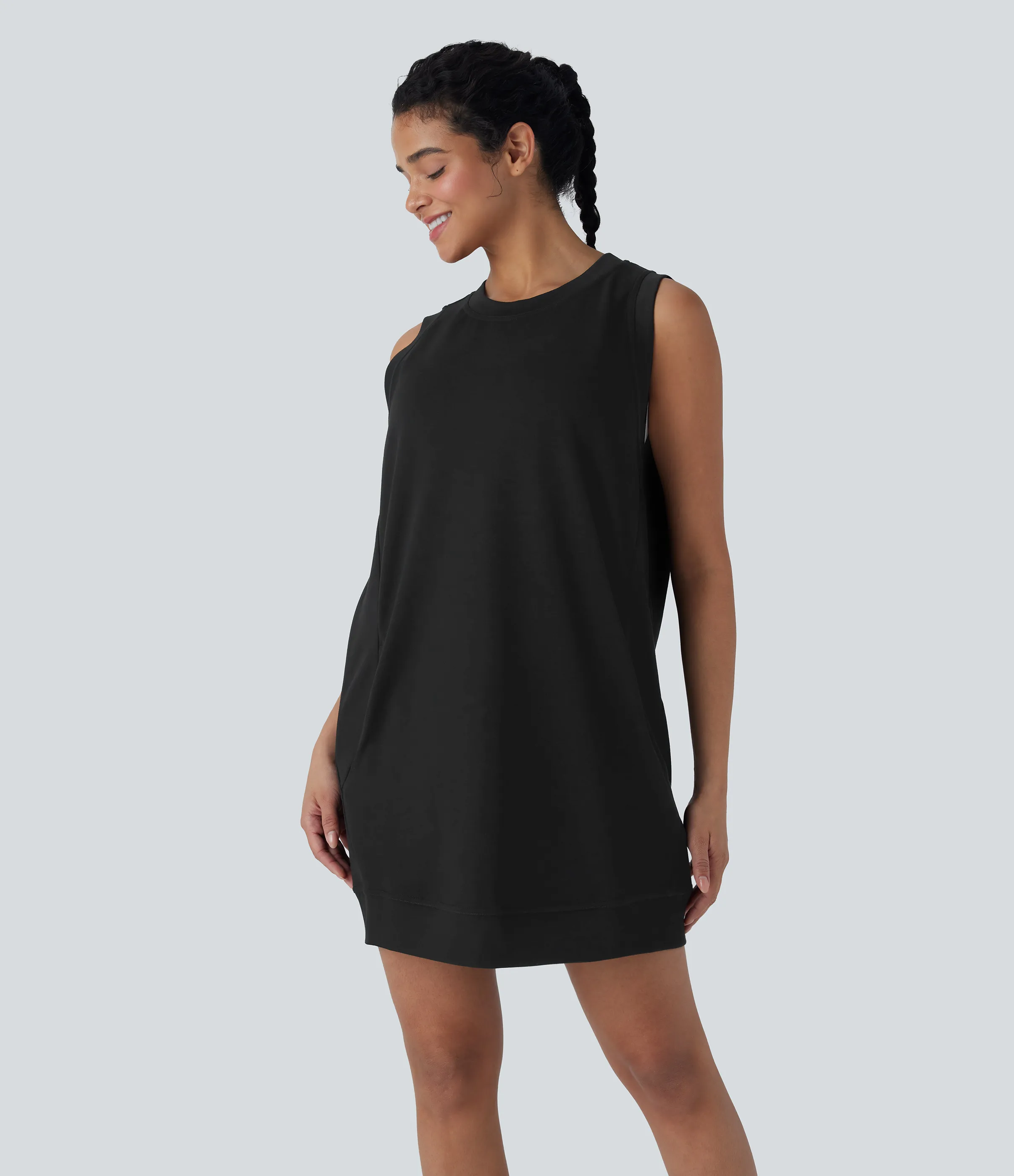 Halara Vestido mini casual sin mangas con escote redondo y espalda cruzada con bolsillos - Black - XS sold by Halara product image thumbnail 4