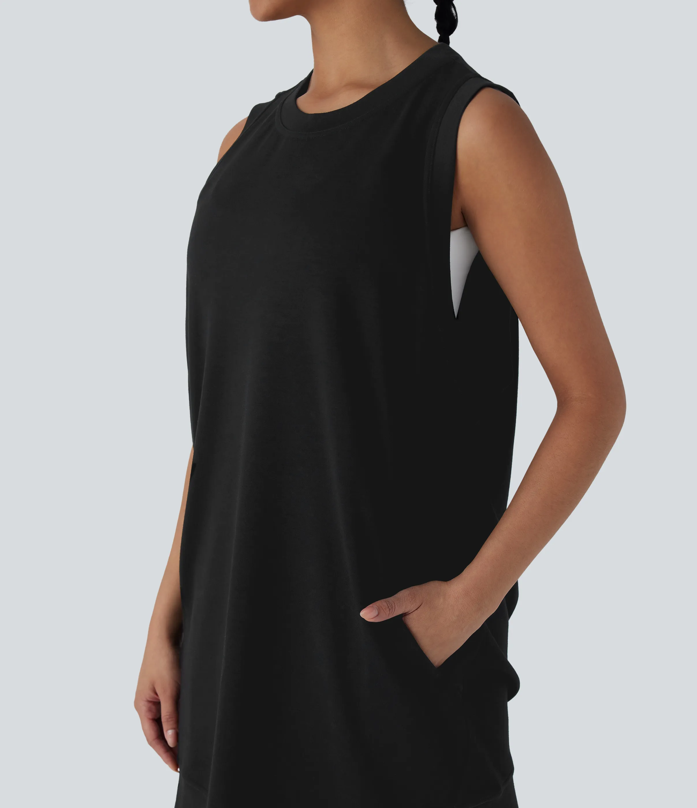 Halara Vestido mini casual sin mangas con escote redondo y espalda cruzada con bolsillos - Black - XS sold by Halara product image thumbnail 5