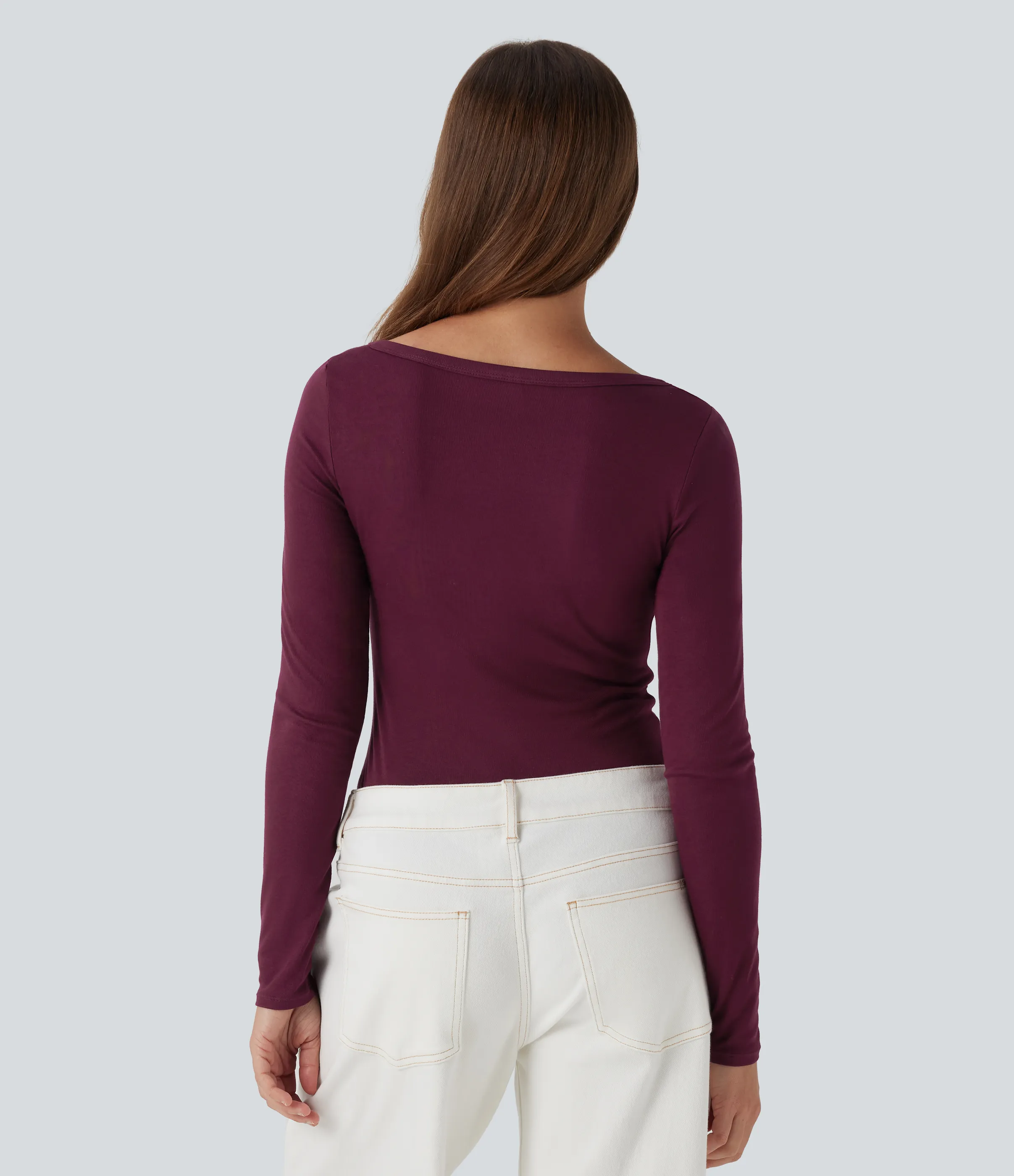 Halara Top casual de manga larga con cuello henley acanalado - Maroon Banner - L sold by Halara product image thumbnail 3