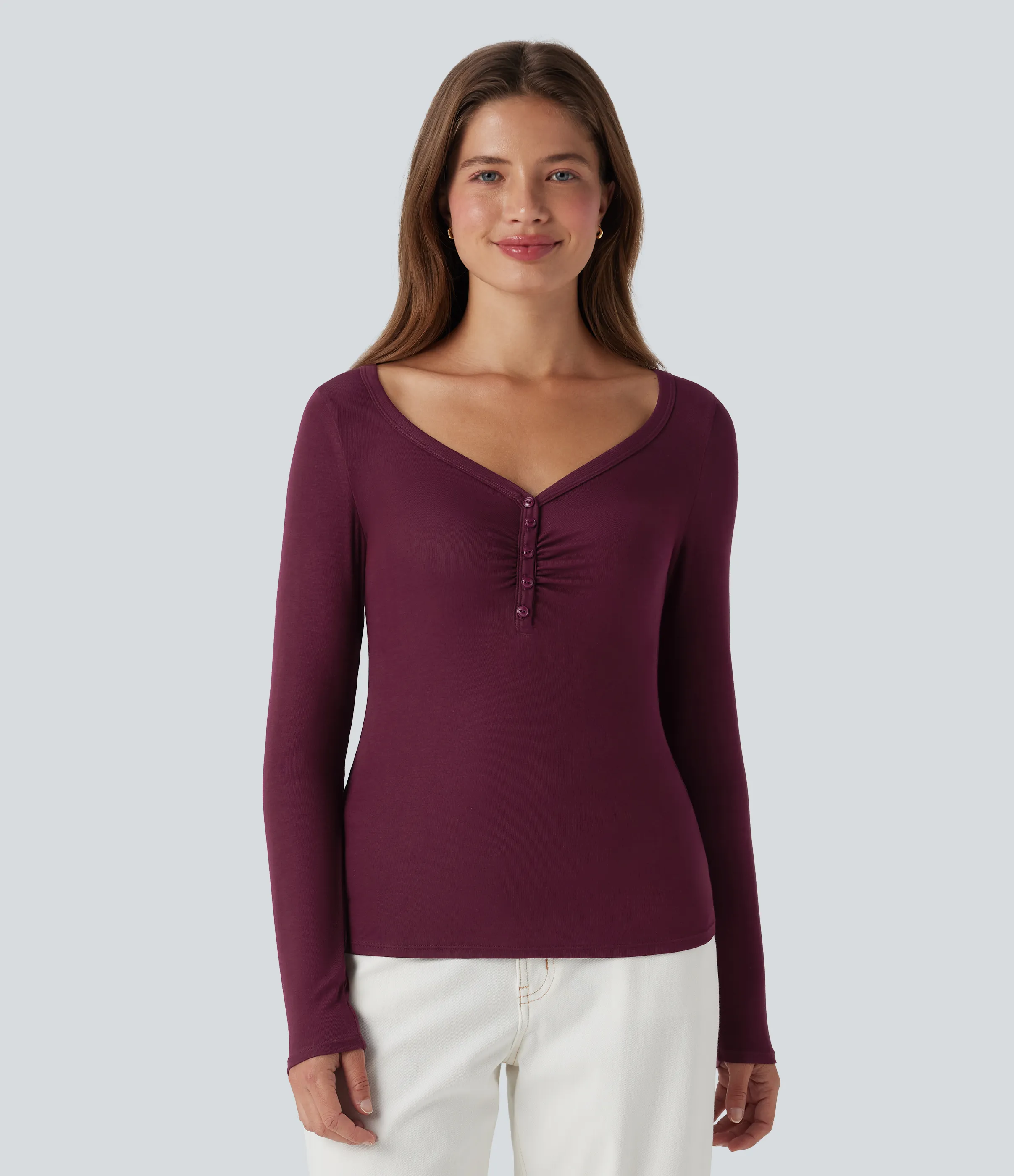 Halara Top casual de manga larga con cuello henley acanalado - Maroon Banner - L sold by Halara product image thumbnail 5