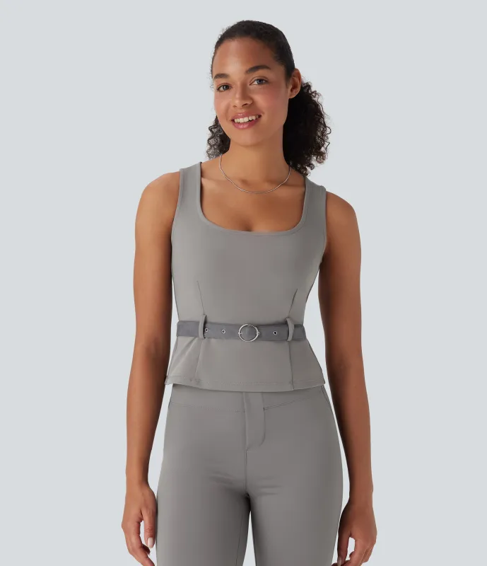 Halara Camiseta de oficina sin mangas con cuello cuadrado y cinturón - Mourning Dove - M sold by Halara