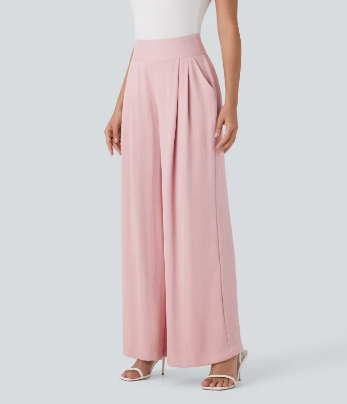 Halara Pantalones de oficina anchos de lino con tiro alto y bolsillos laterales - Chalk Pink - XL(regular) sold by Halara