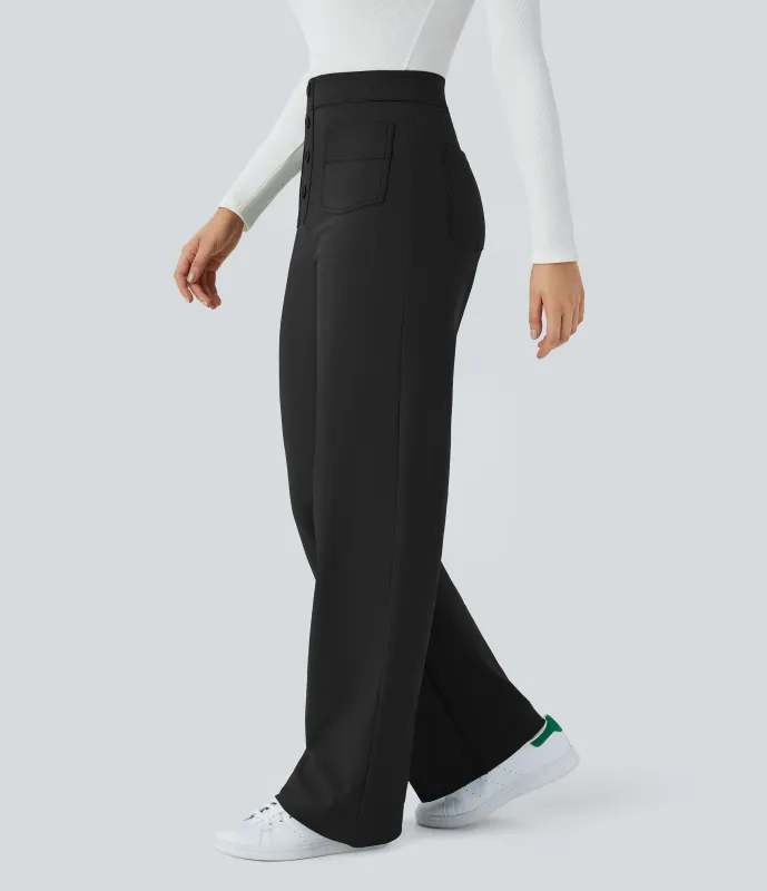 Halara Pantalón Softlyzero™ Plush pierna recta botón múltiple bolsillo tiro alto térmica - Black - XL(petite) sold by Halara