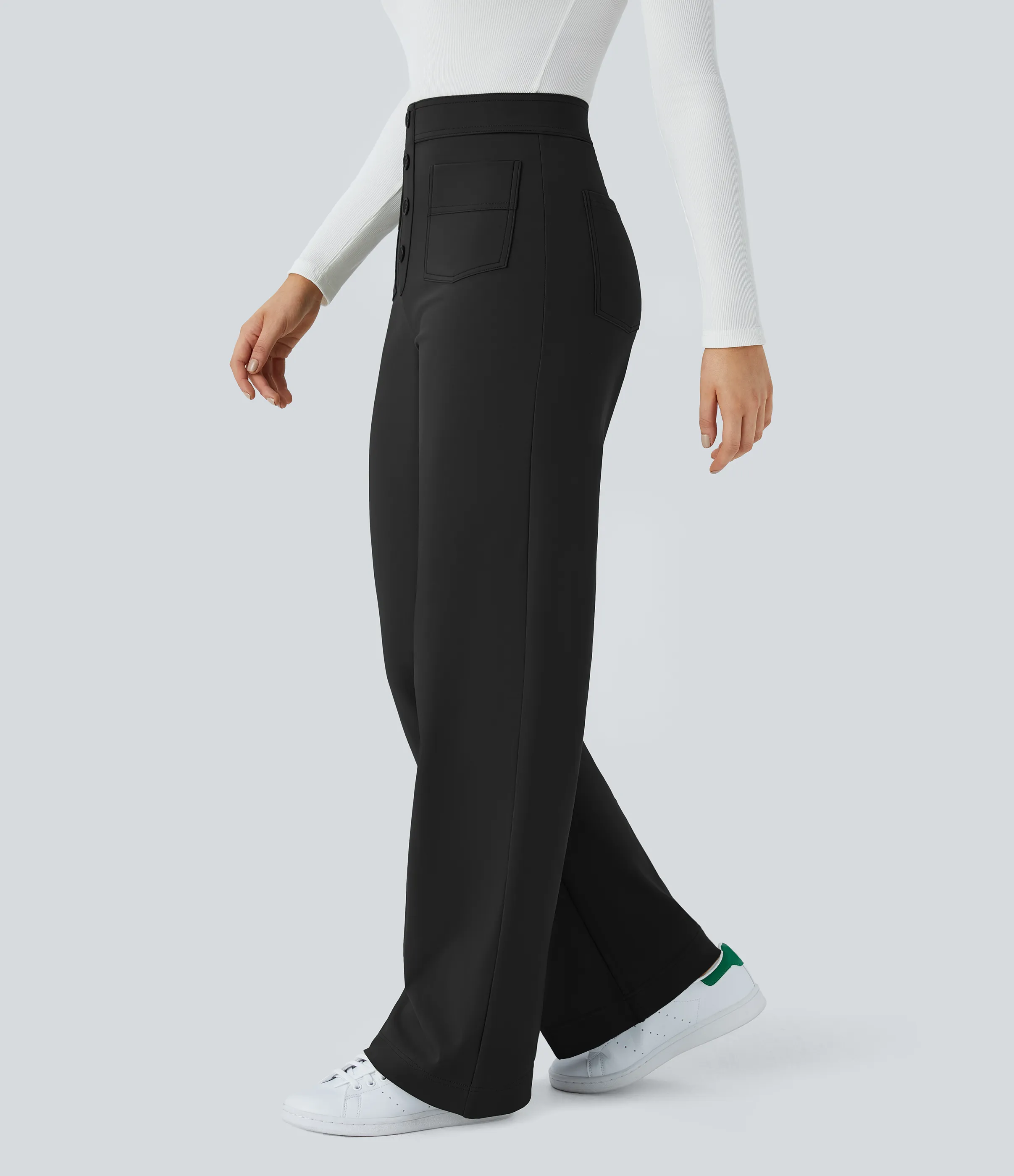 Halara Pantalón Softlyzero™ Plush pierna recta botón múltiple bolsillo tiro alto térmica - Black - XL(petite) sold by Halara