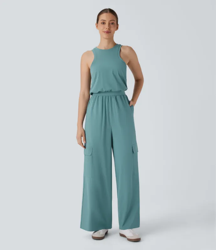 Halara Mono casual Breezeful™ recto sin mangas de cuello redondo con cremallera invisible, múltiples bolsillos y secado rápido - Stone Blue - S(regular) sold by Halara