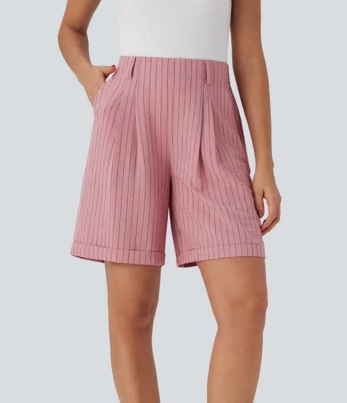 Halara Bermudas de oficina de tiro alto con rayas y tacto de lino con bolsillos laterales - Candy Pink Black Yarn Dye Stripes - XL sold by Halara