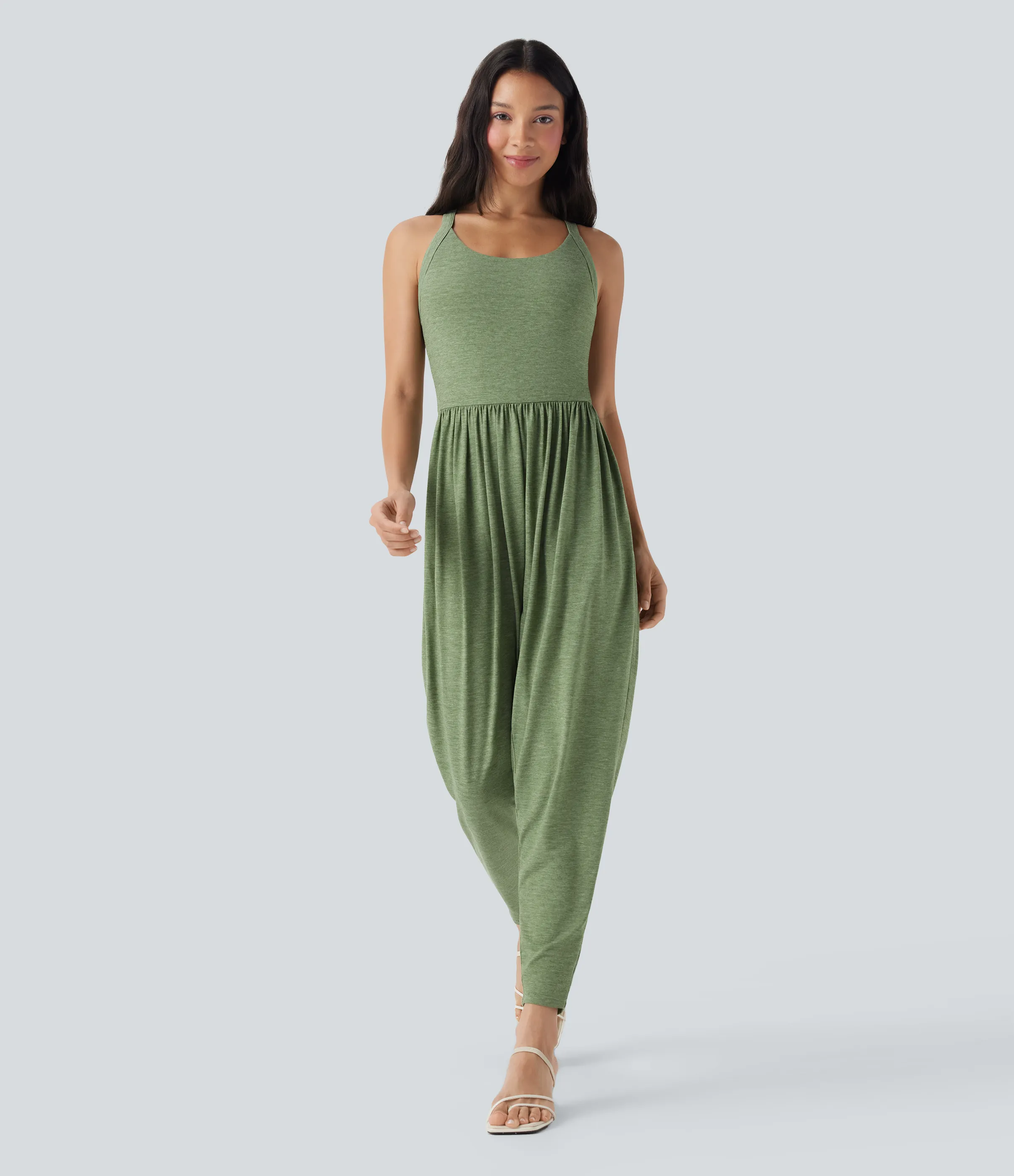 Halara Mono casual tipo harén con espalda descubierta, tirantes torcidos y bolsillos - Edición Easy Peezy - Light Green Floral Yarn - M(regular) sold by Halara product image thumbnail 3