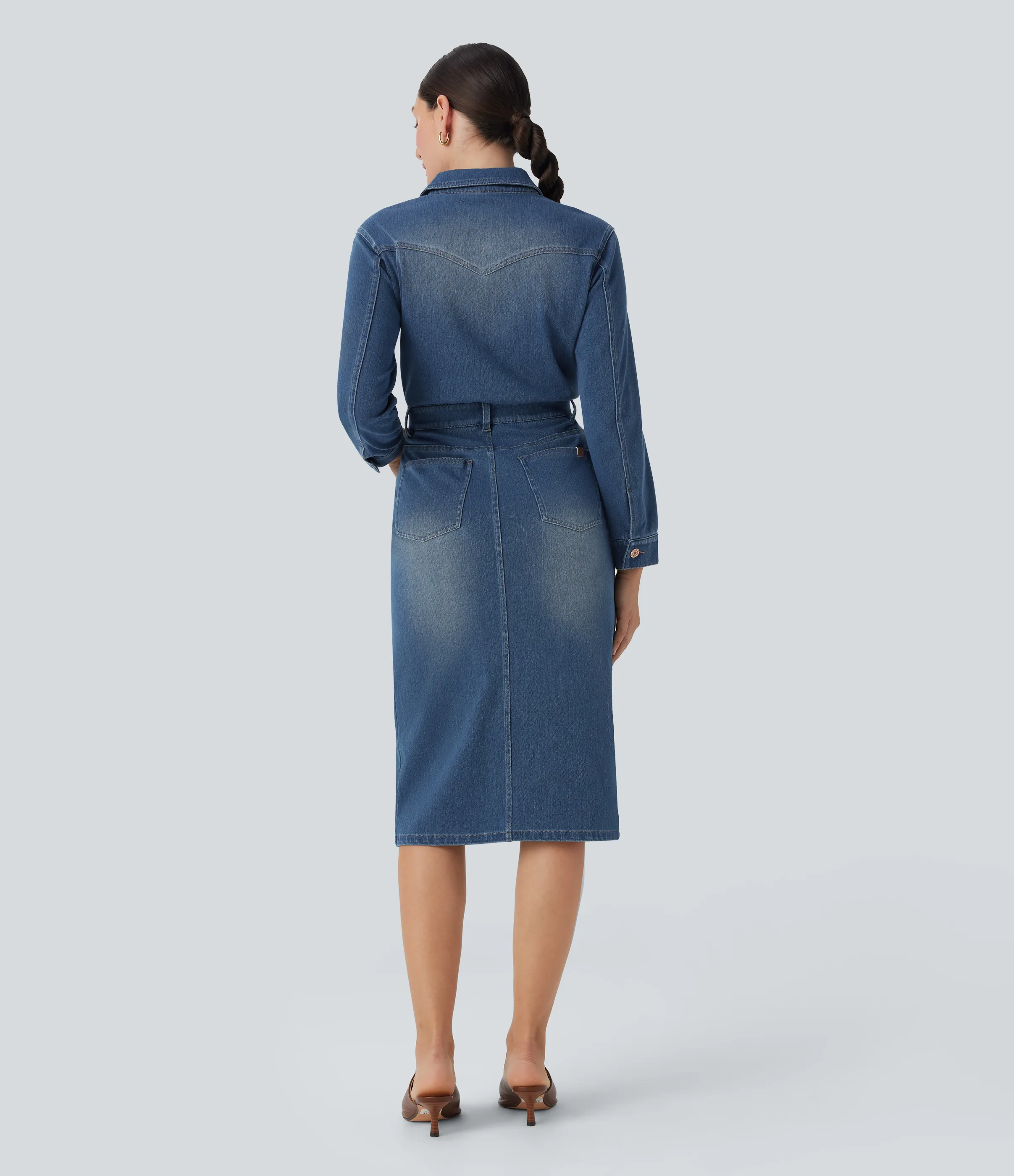 Halara Vestido camisero casual midi Halara Flex™ de manga larga de mezclilla con bolsillos - Tide Blue Denim - L sold by Halara product image thumbnail 3