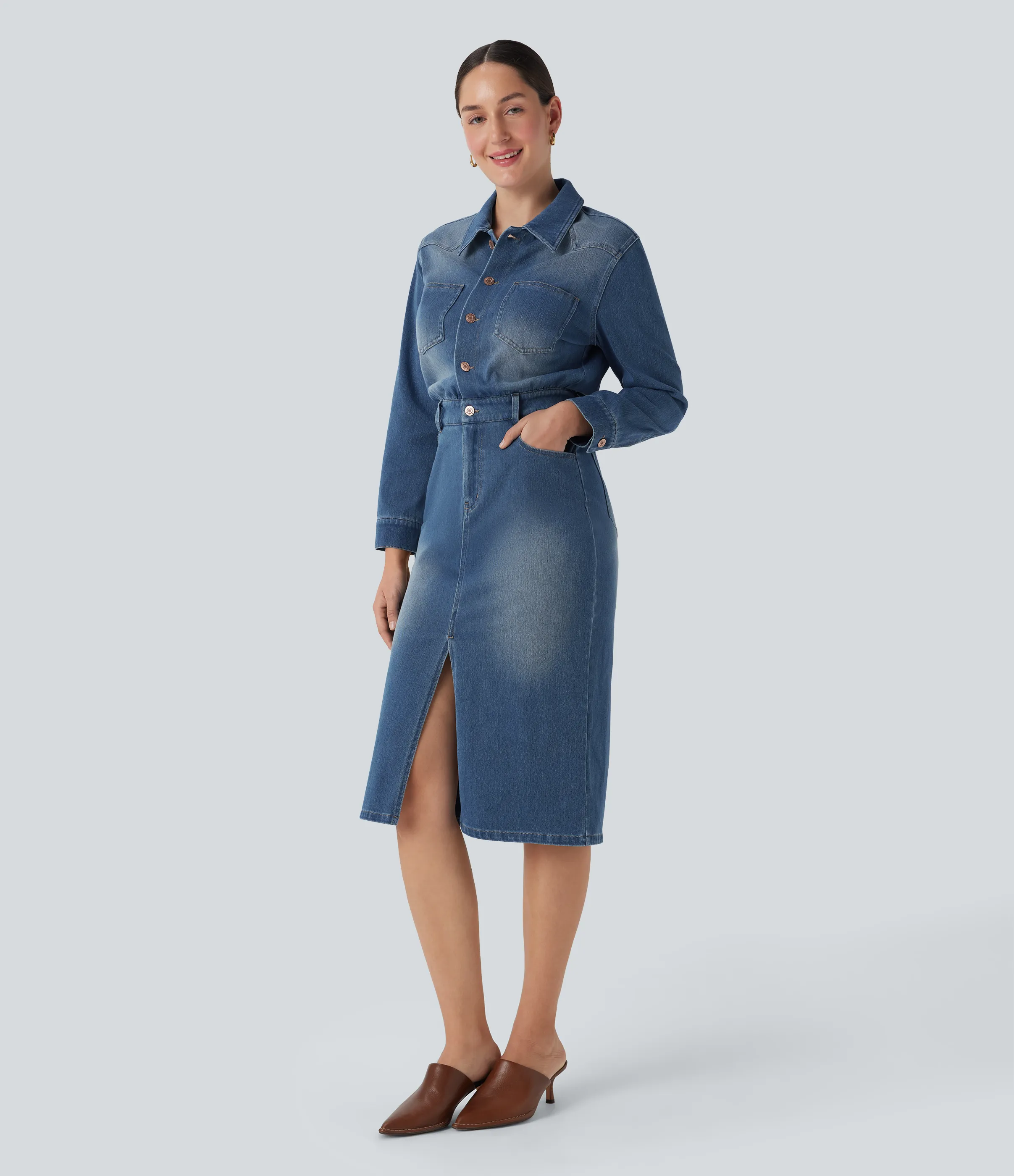 Halara Vestido camisero casual midi Halara Flex™ de manga larga de mezclilla con bolsillos - Tide Blue Denim - L sold by Halara product image thumbnail 4