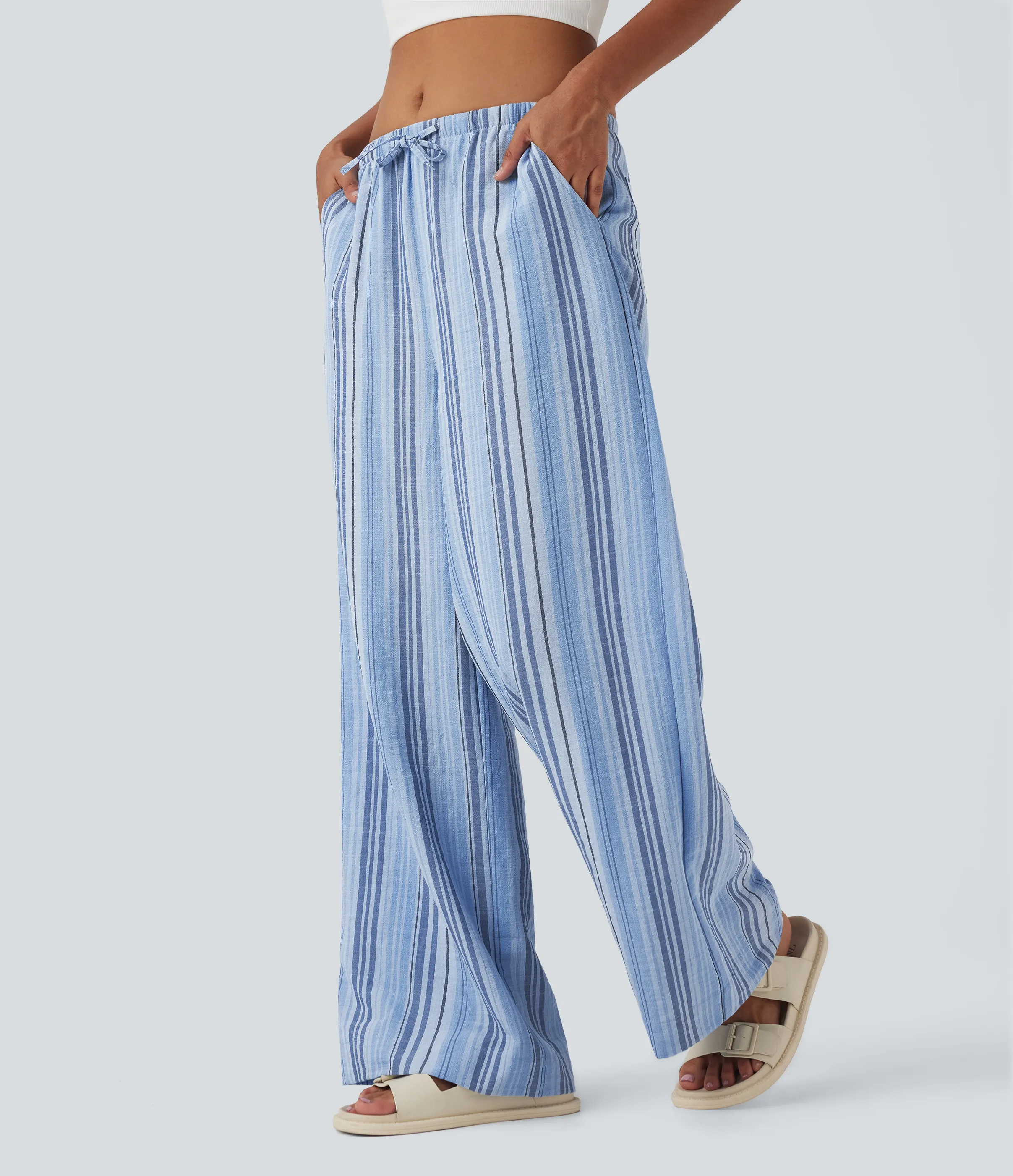 Halara Pantalones casuales de lino con tiro medio, cordón ajustable, pierna ancha y bolsillos - Bohemia Yarn Dye Blue Stripe - M(regular) sold by Halara product image thumbnail 4