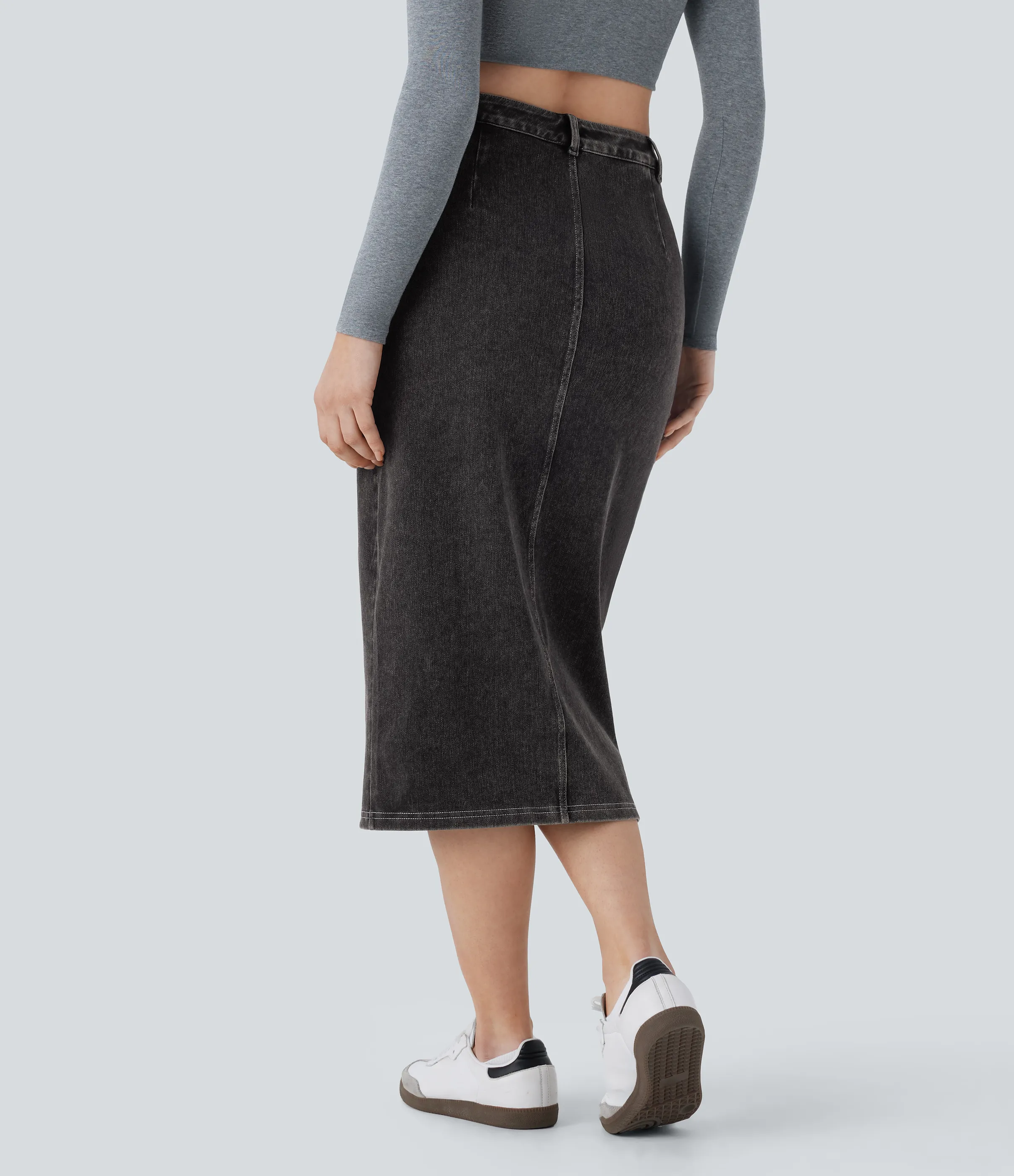 Halara Falda Midi Halara Flex™ Denim elástico lavado botón tiro alto - Hemp Rope Black Denim - S(regular) sold by Halara product image thumbnail 4