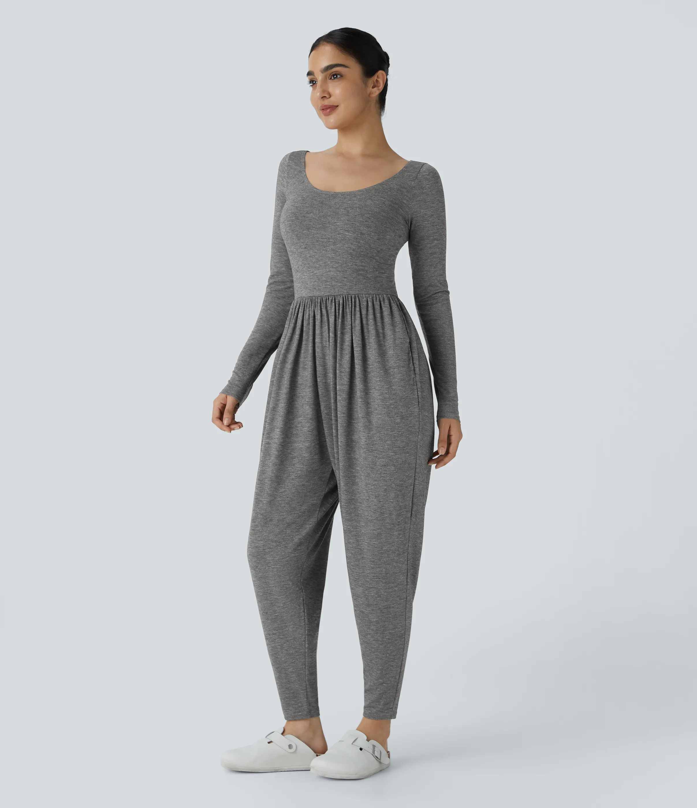 Halara Mono harén cuello redondo sin espalda bolsillo lateral plisado - Darl Gray Floral Yarn - M(regular) sold by Halara product image thumbnail 2