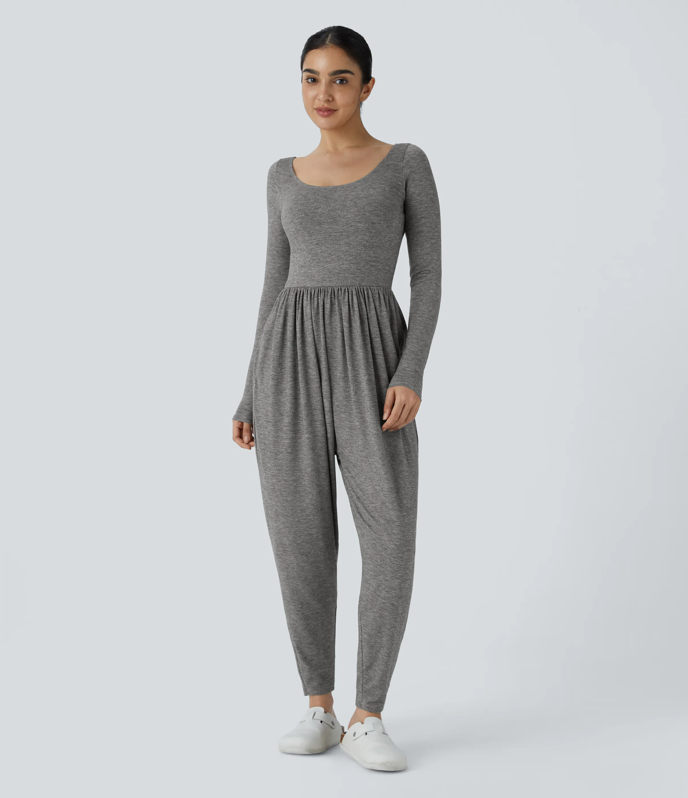 Halara Mono harén cuello redondo sin espalda bolsillo lateral plisado - Darl Gray Floral Yarn - M(regular) sold by Halara product image thumbnail 4