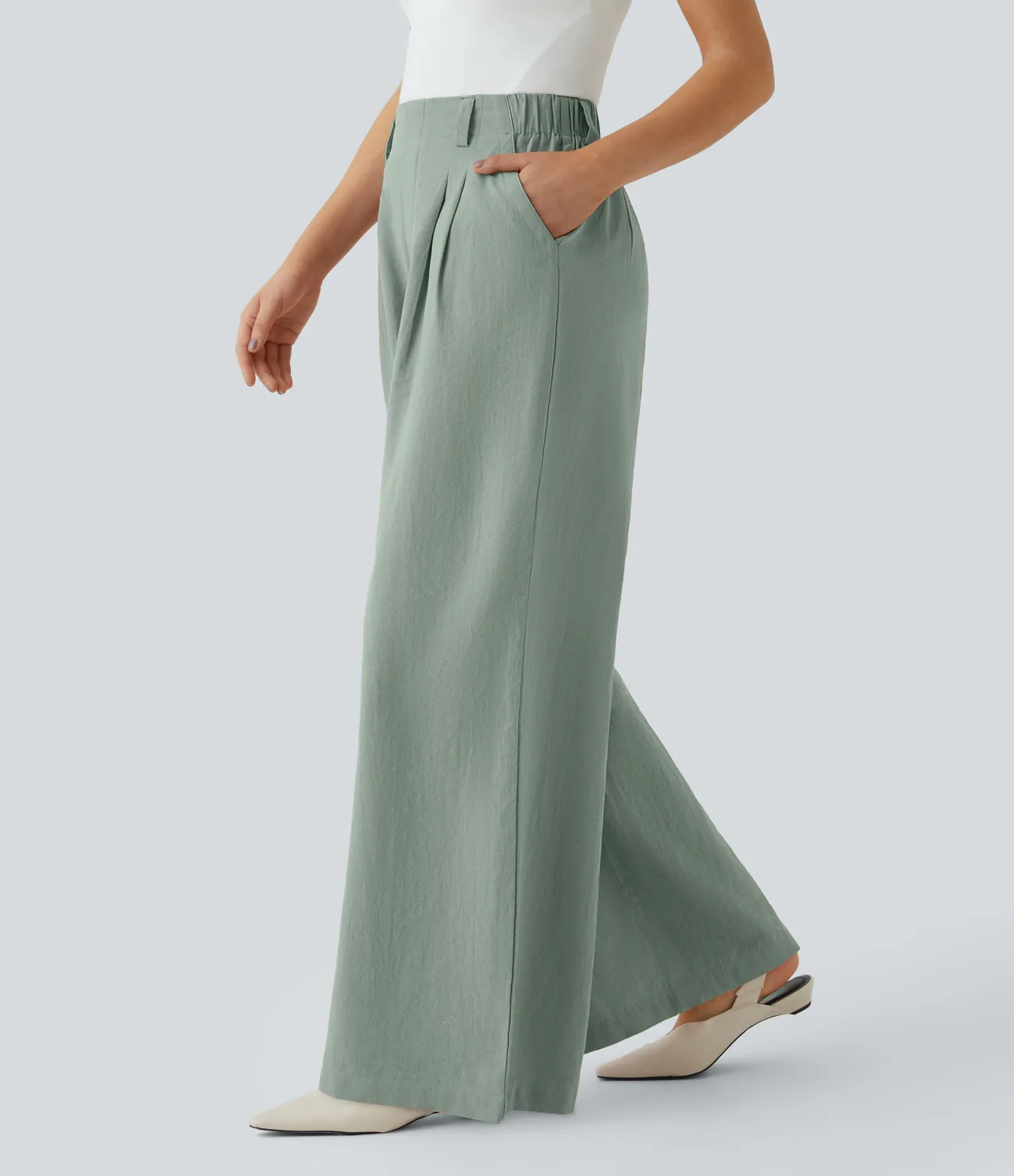 Halara Pantalón tiro alto bolsillo lateral plisado pierna ancha - Iceberg Green - M(regular) sold by Halara product image thumbnail 4