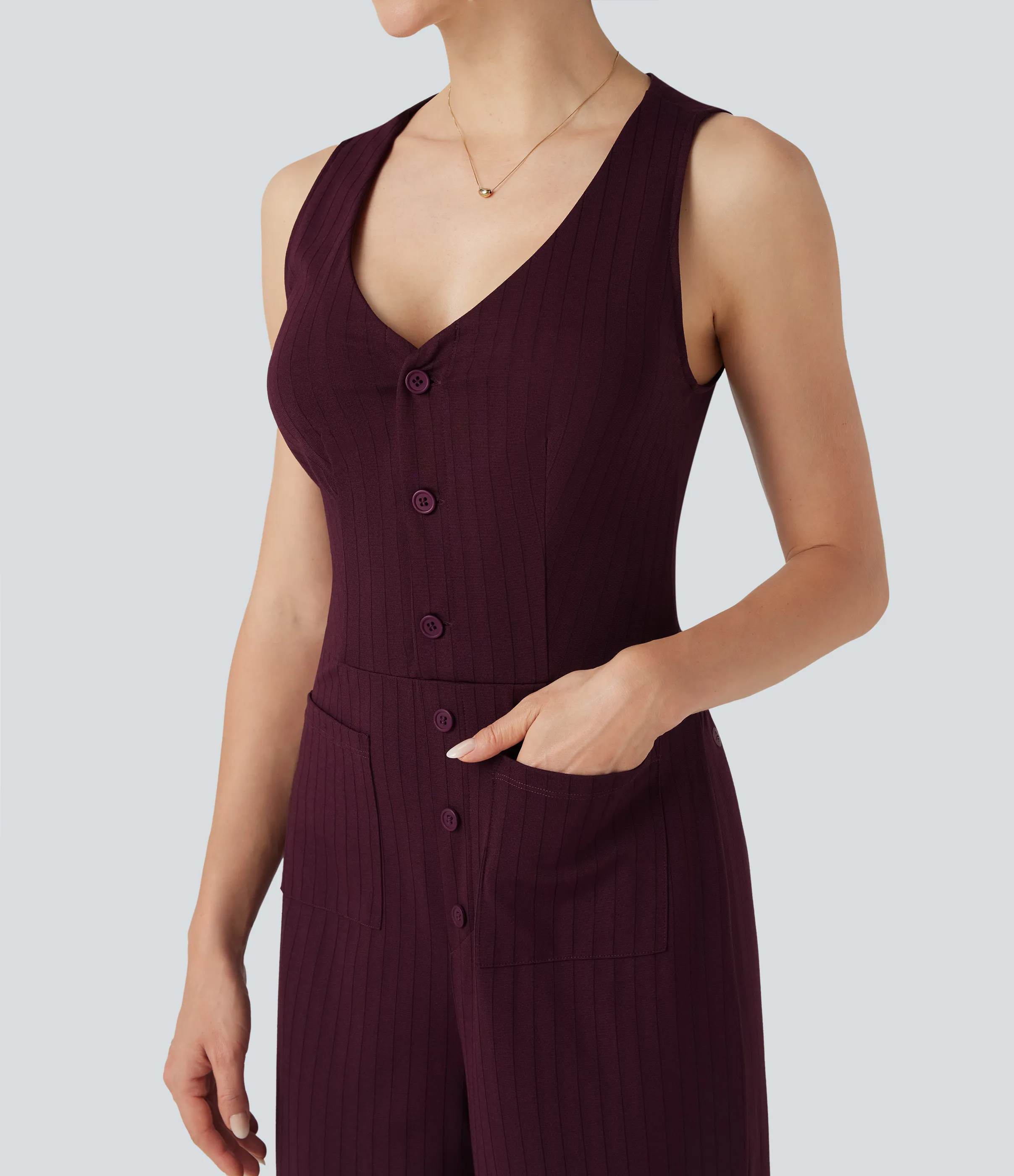 Halara Mono oficina cuello V sin mangas bolsillo delantero recortado pierna ancha rayas tacto fresco - Burgundy Pinstripe - L(regular) sold by Halara product image thumbnail 5