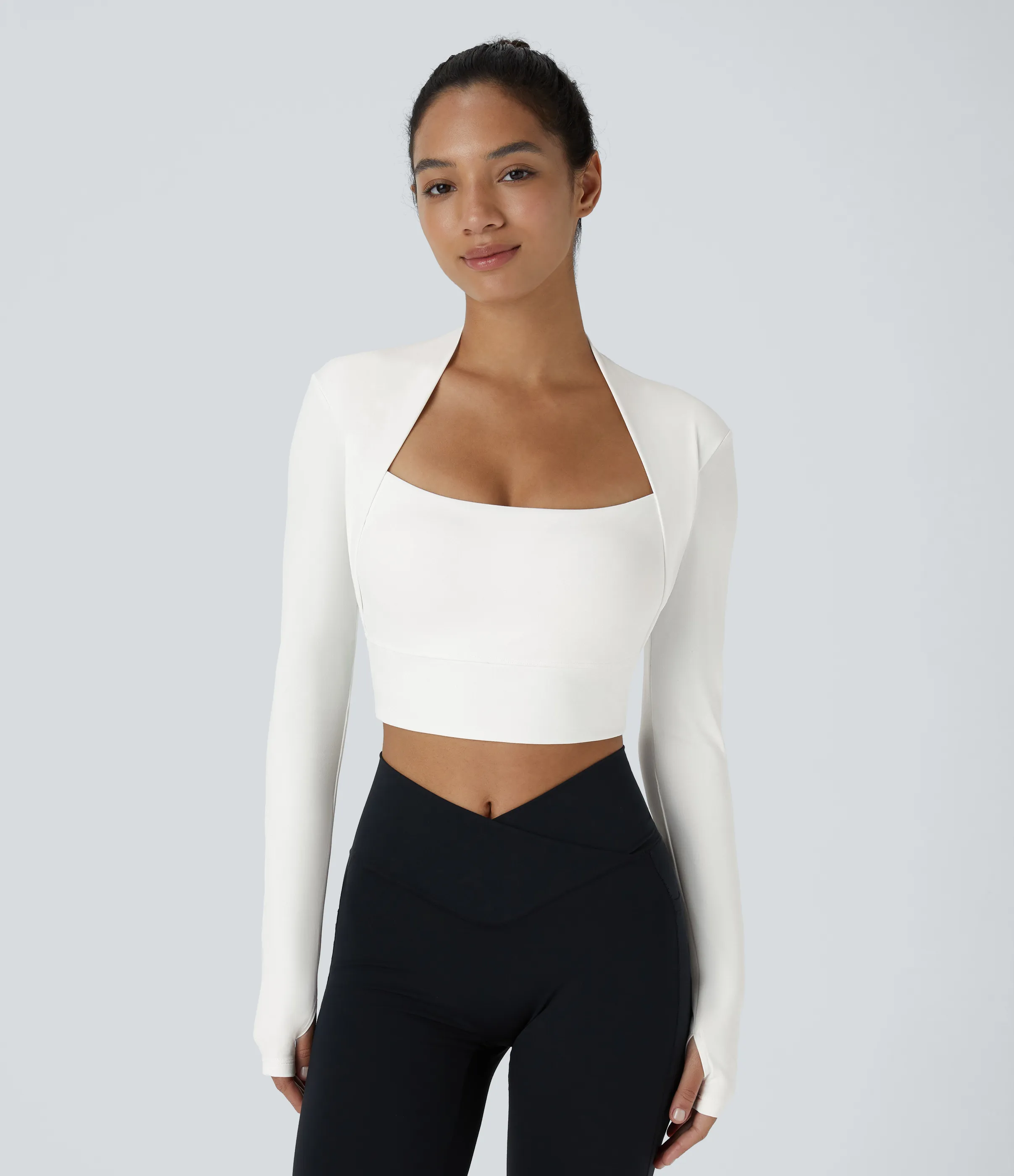 Halara Top Softlyzero™ Plush deportivo yoga corto 2 en 1 orificio para pulgar manga larga - White - M sold by Halara product image thumbnail 2
