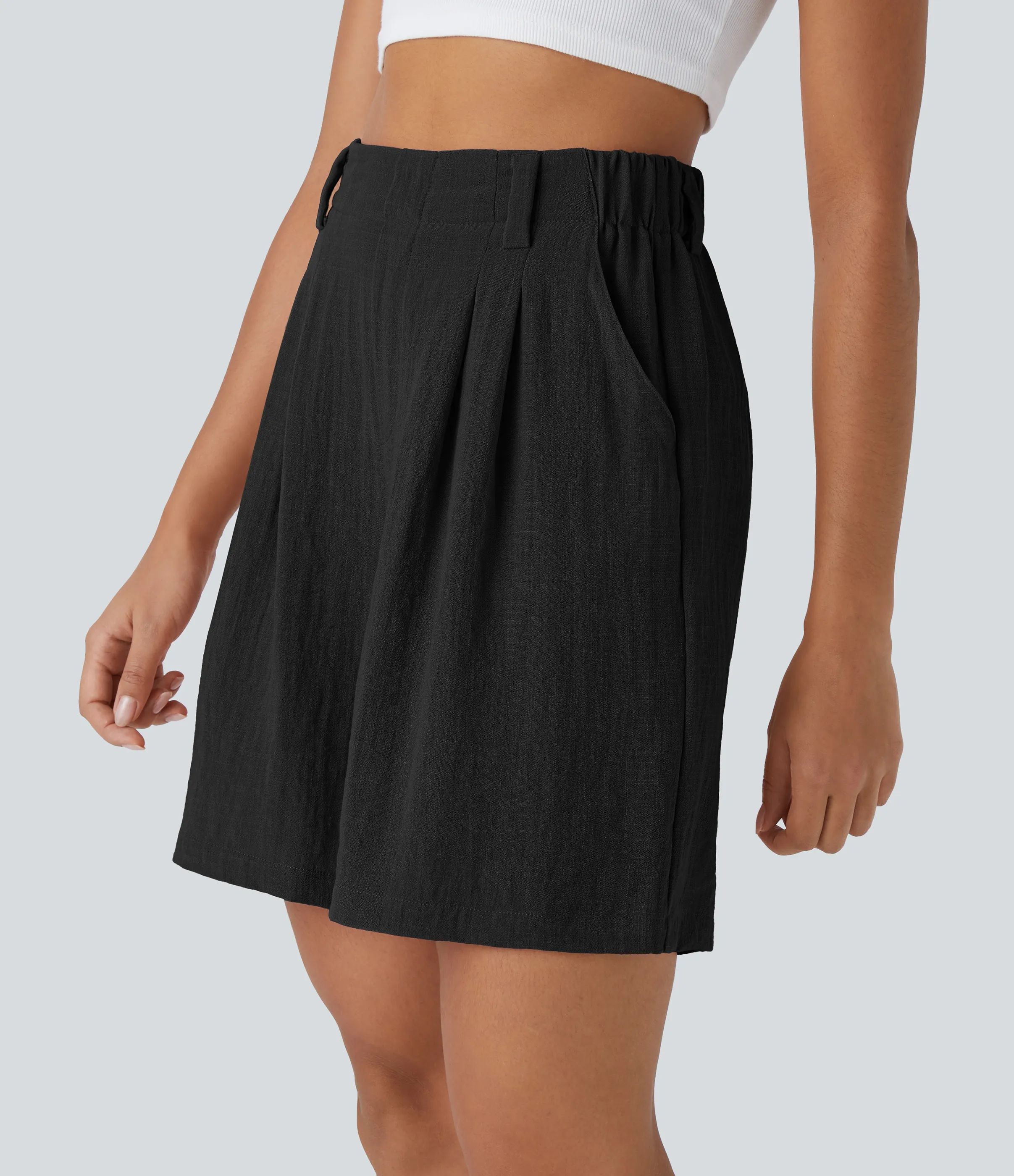 Halara Bermudas casuales anchas con tacto de lino de tiro alto, bolsillo lateral plisado - Black - S sold by Halara product image thumbnail 4