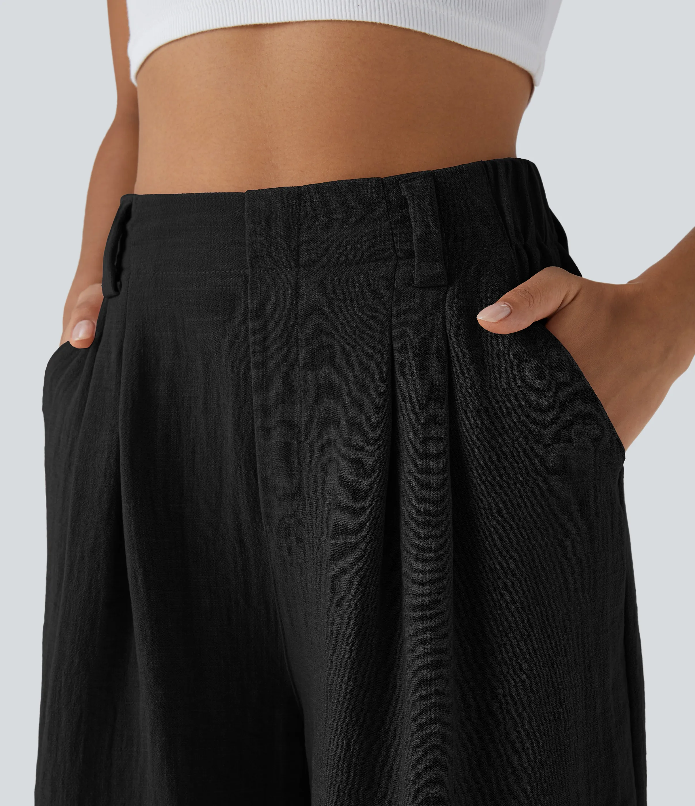 Halara Bermudas casuales anchas con tacto de lino de tiro alto, bolsillo lateral plisado - Black - S sold by Halara product image thumbnail 5