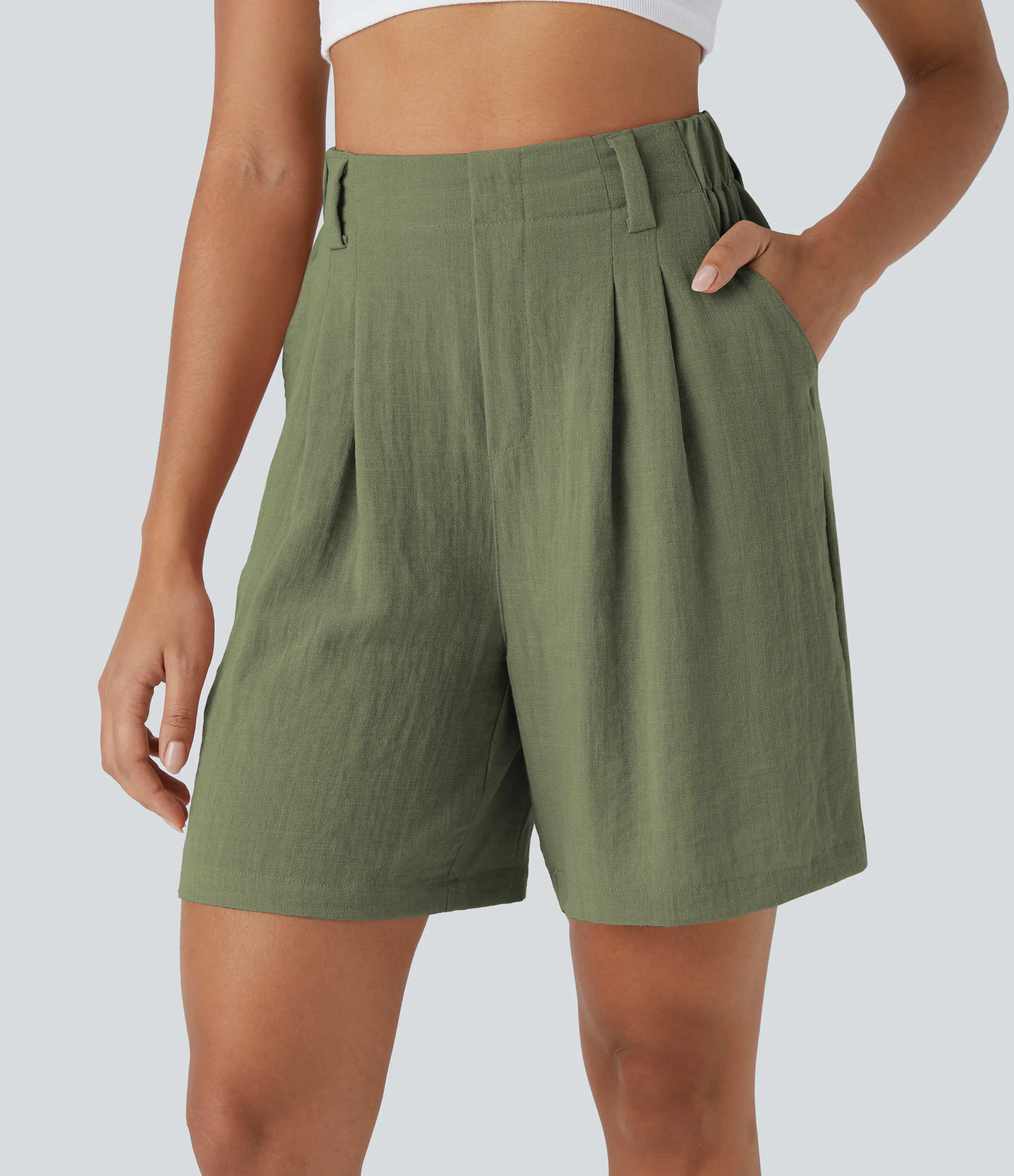 Halara Bermudas casuales anchas con tacto de lino de tiro alto, bolsillo lateral plisado - Catkin Green - S sold by Halara product image thumbnail 2