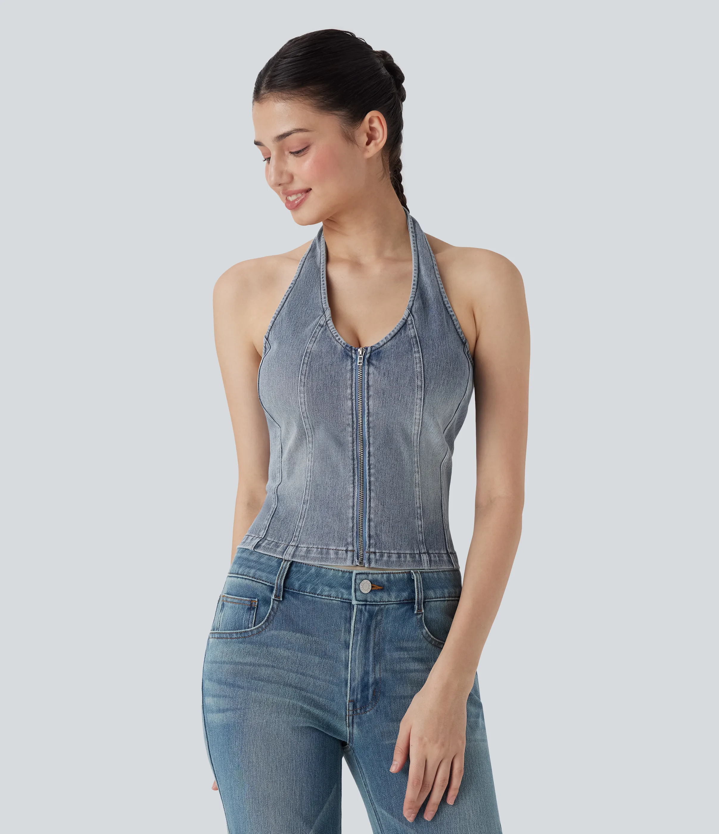 Halara Camiseta sin mangas Halara Flex™ Denim mezclilla elástica estilo lavado con cremallera y cuello halter sin espalda - Light Azure Blue Denim - S sold by Halara product image thumbnail 2