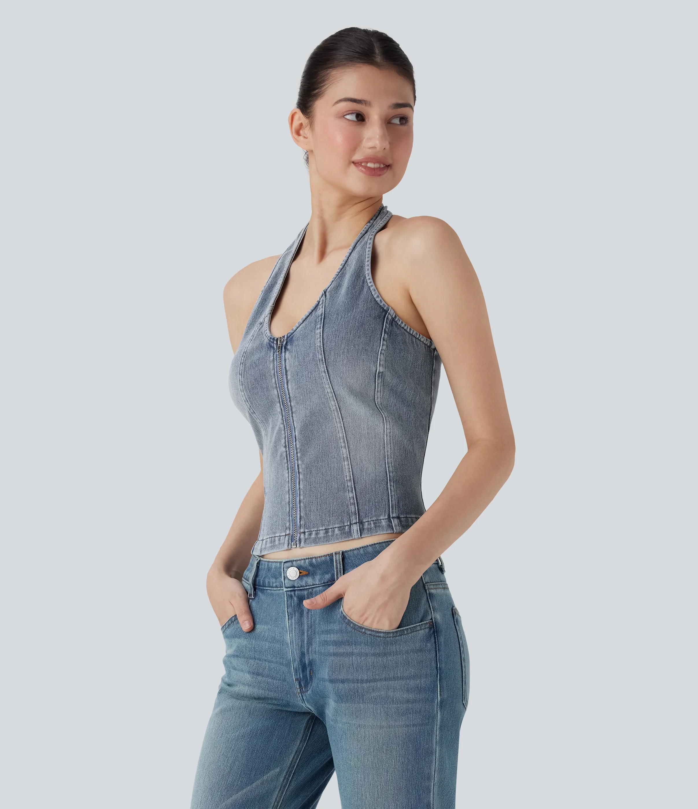 Halara Camiseta sin mangas Halara Flex™ Denim mezclilla elástica estilo lavado con cremallera y cuello halter sin espalda - Light Azure Blue Denim - S sold by Halara product image thumbnail 4