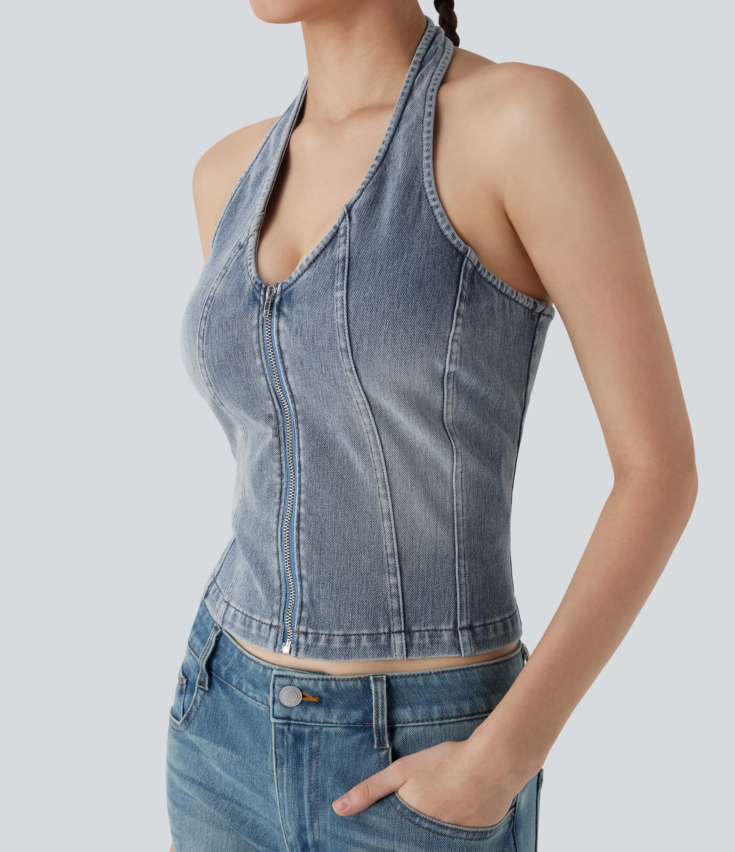 Halara Camiseta sin mangas Halara Flex™ Denim mezclilla elástica estilo lavado con cremallera y cuello halter sin espalda - Light Azure Blue Denim - S sold by Halara product image thumbnail 5