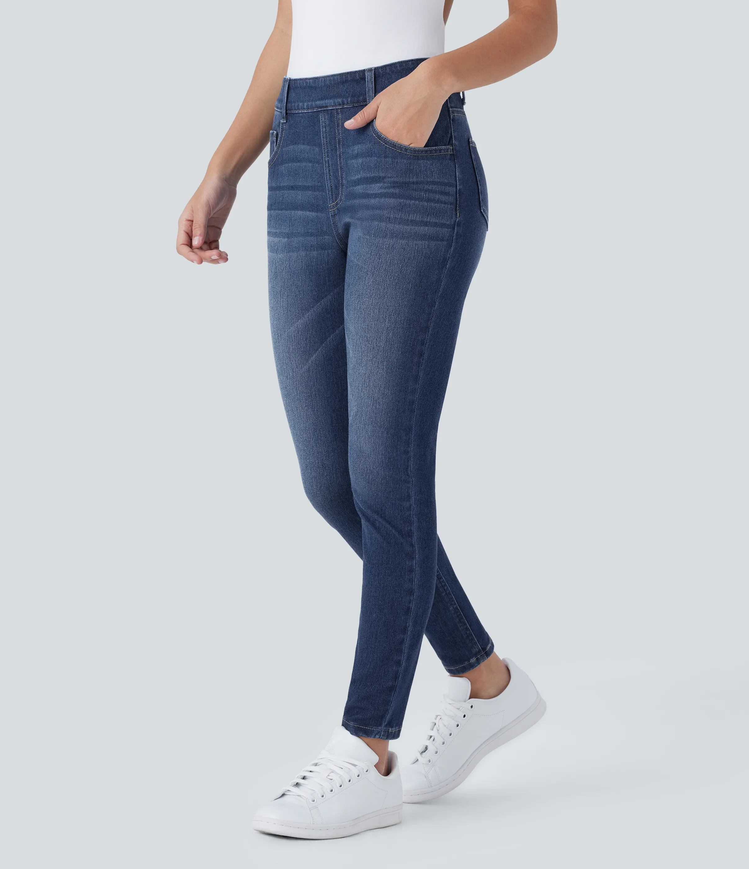 Halara Jeans Halara Flex™ Denim ajustado elástico múltiple bolsillo tiro medio - Paint Blue Denim - XS(regular) sold by Halara