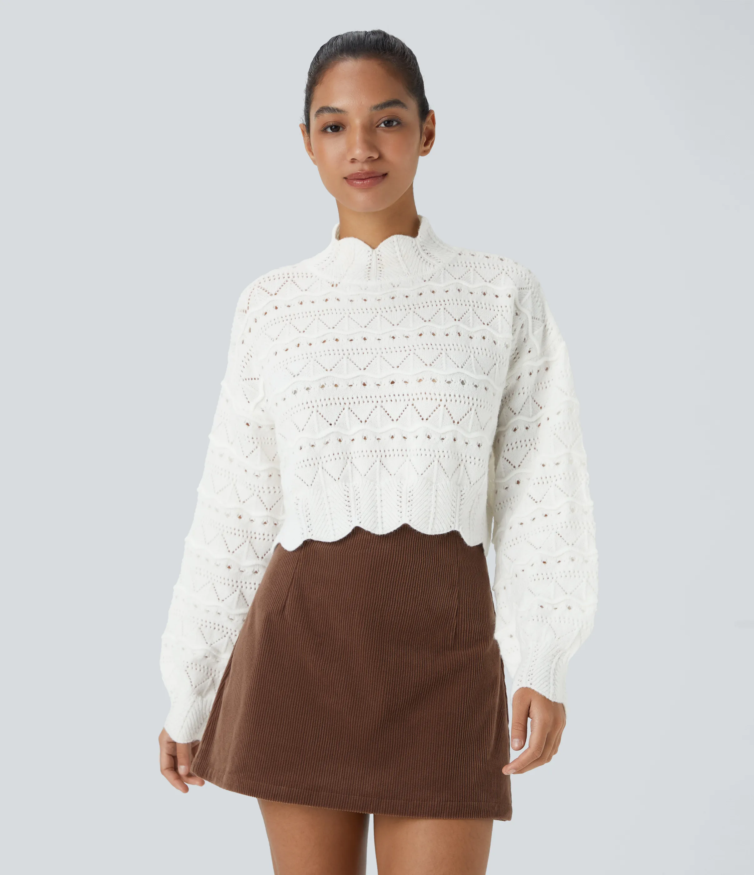 Halara Suéter abierto dobladillo festoneado manga obispo cuello alto - White - L sold by Halara product image thumbnail 2