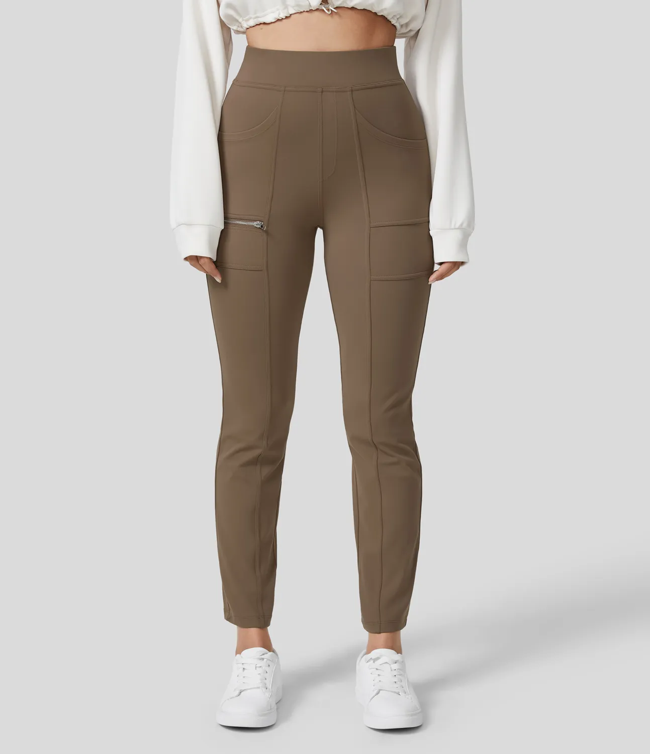 Halara Pantalón ajustado cremallera múltiple bolsillo tiro alto - Teak - M(petite) sold by Halara